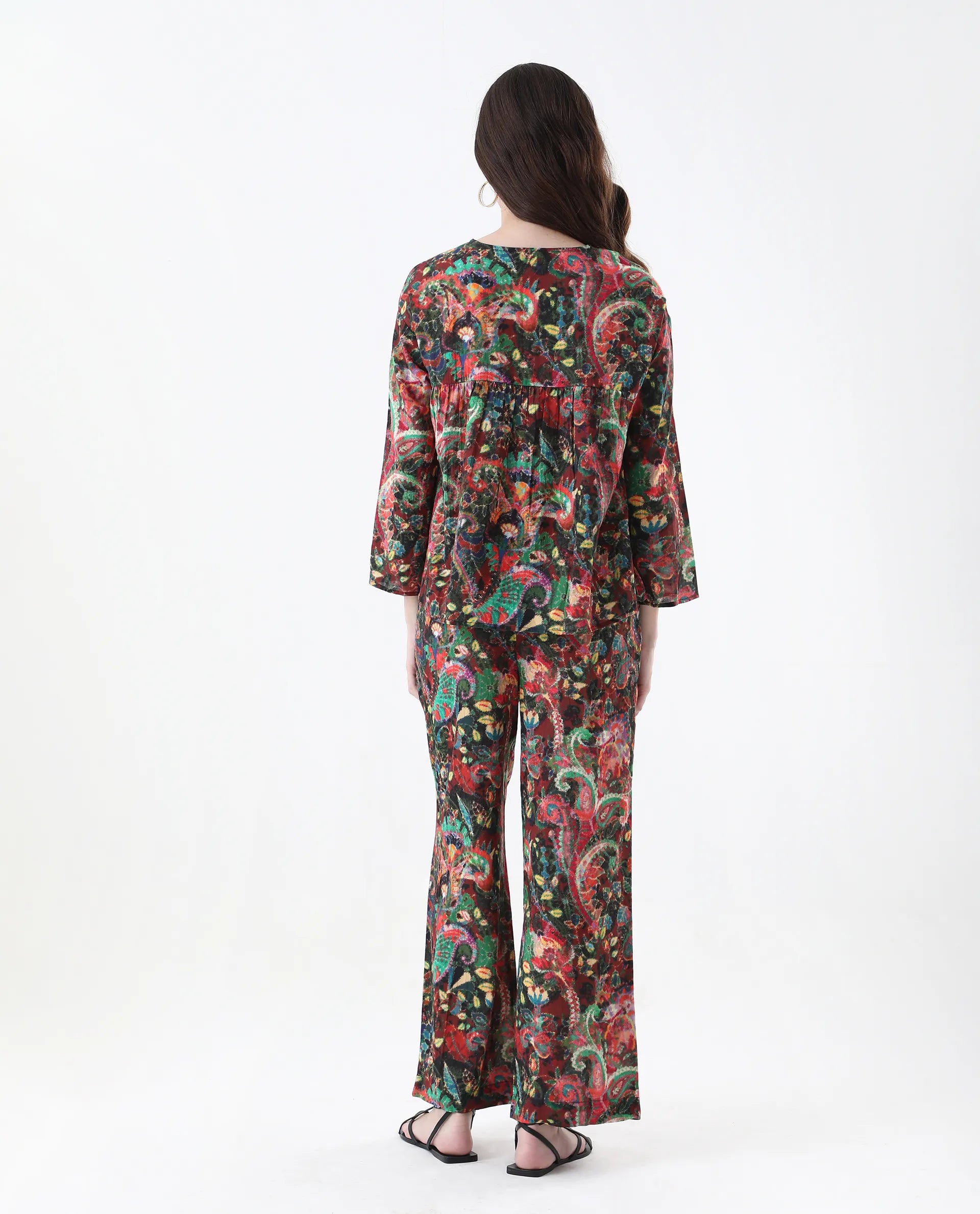 Rareism Women's Rinatao-B Dark Multi Cotton Blend Paisley Print Ankle Length Straight Fit Trouser