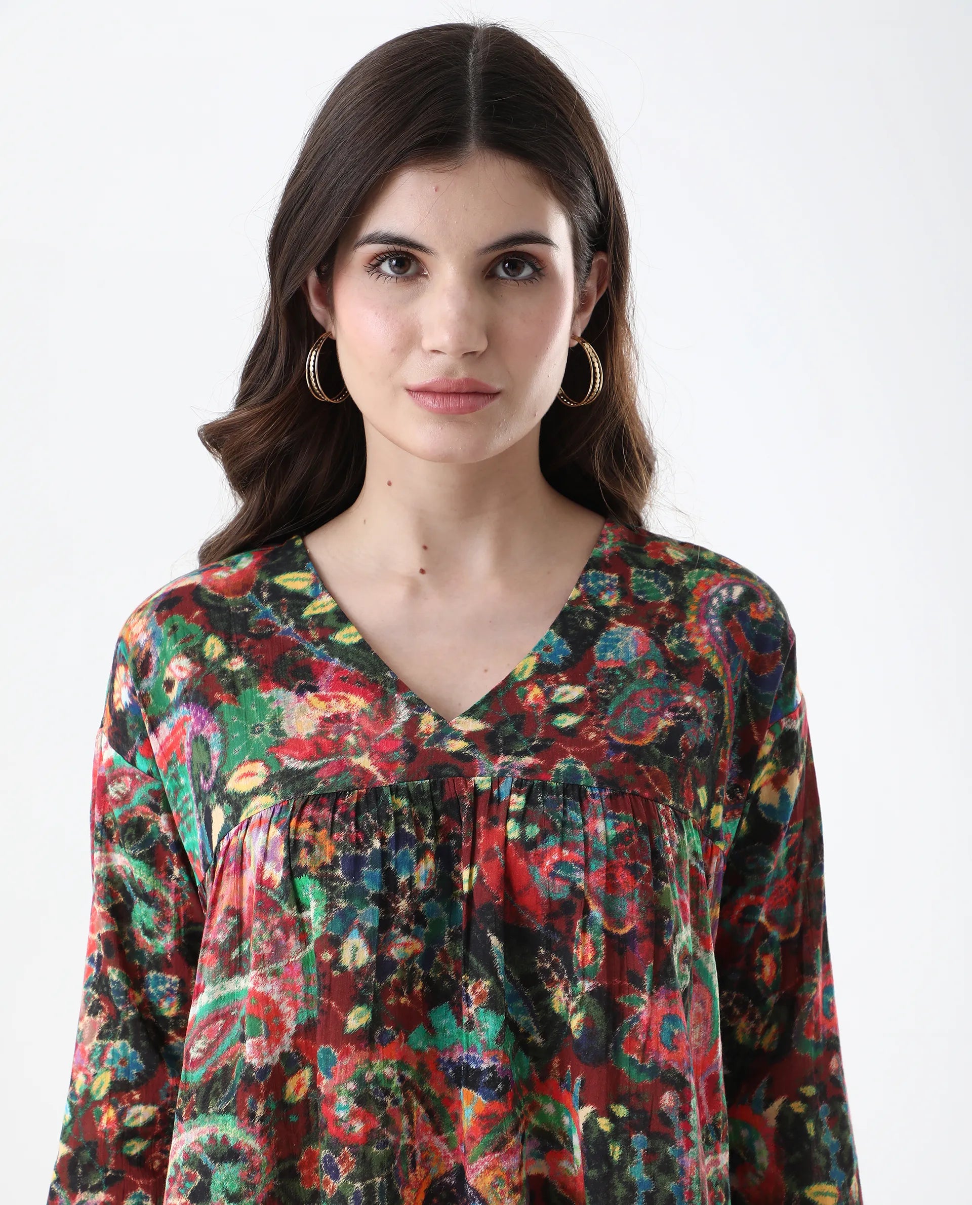 Rareism Women's Rinatao-T Dark Multi Cotton Blend V-Neck Paisley Print Regular Fit Top