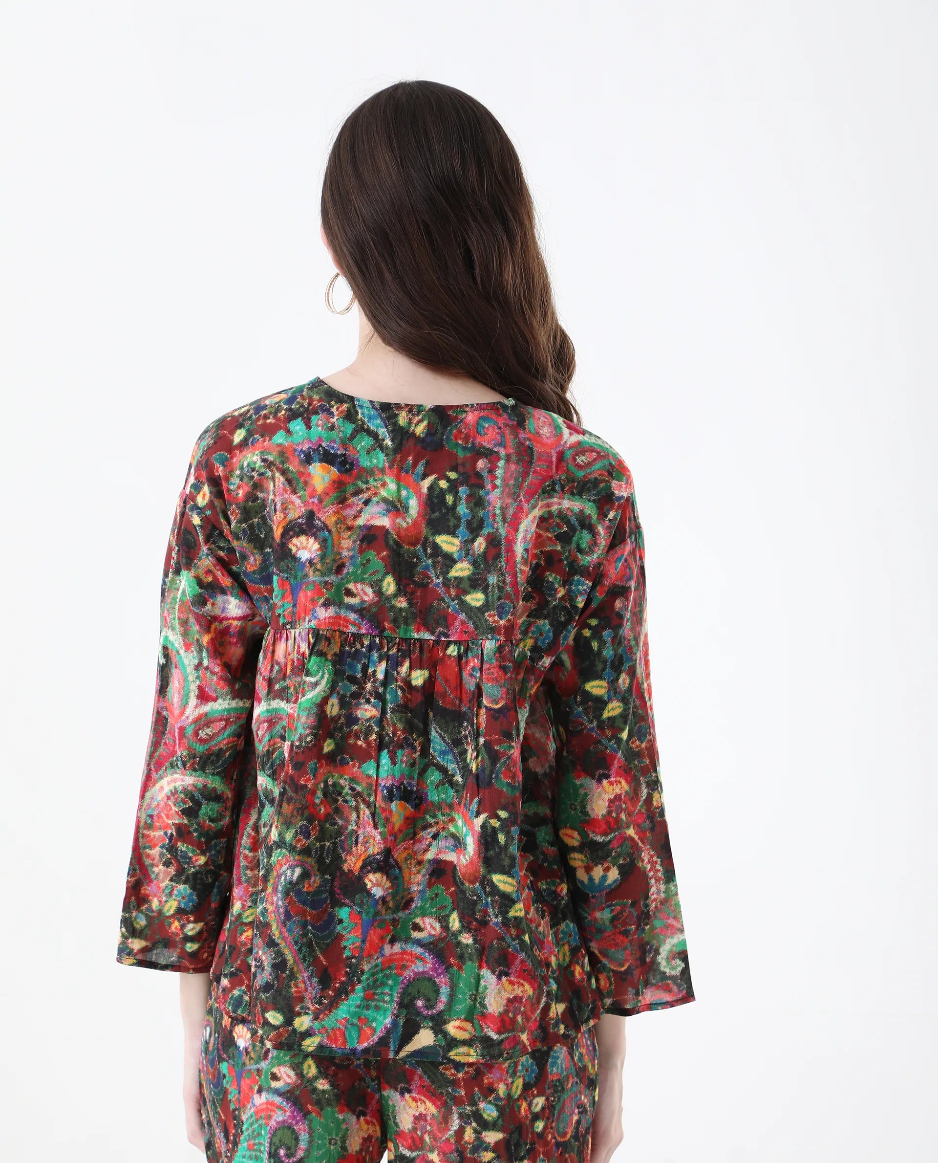 Rareism Women's Rinatao-T Dark Multi Cotton Blend V-Neck Paisley Print Regular Fit Top