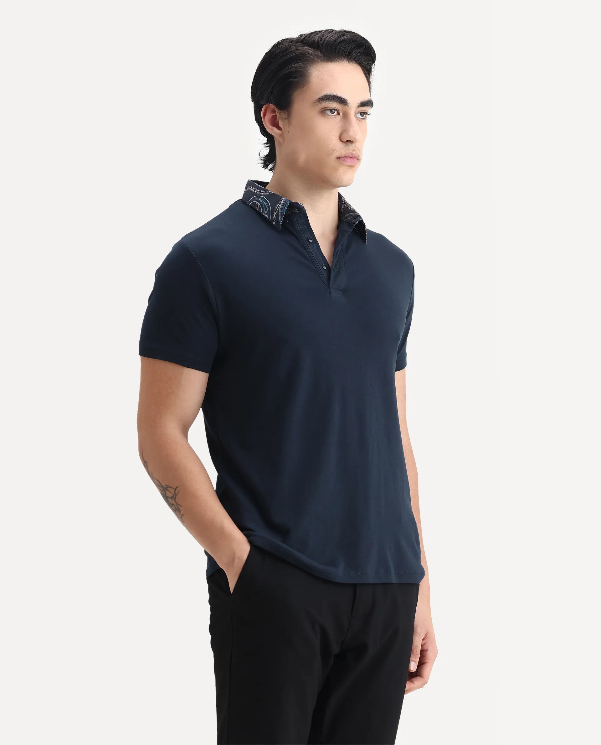 Rare Rabbit Men's Ringer-1 Navy Cotton Printed Regular Fit Half Sleeve Polo