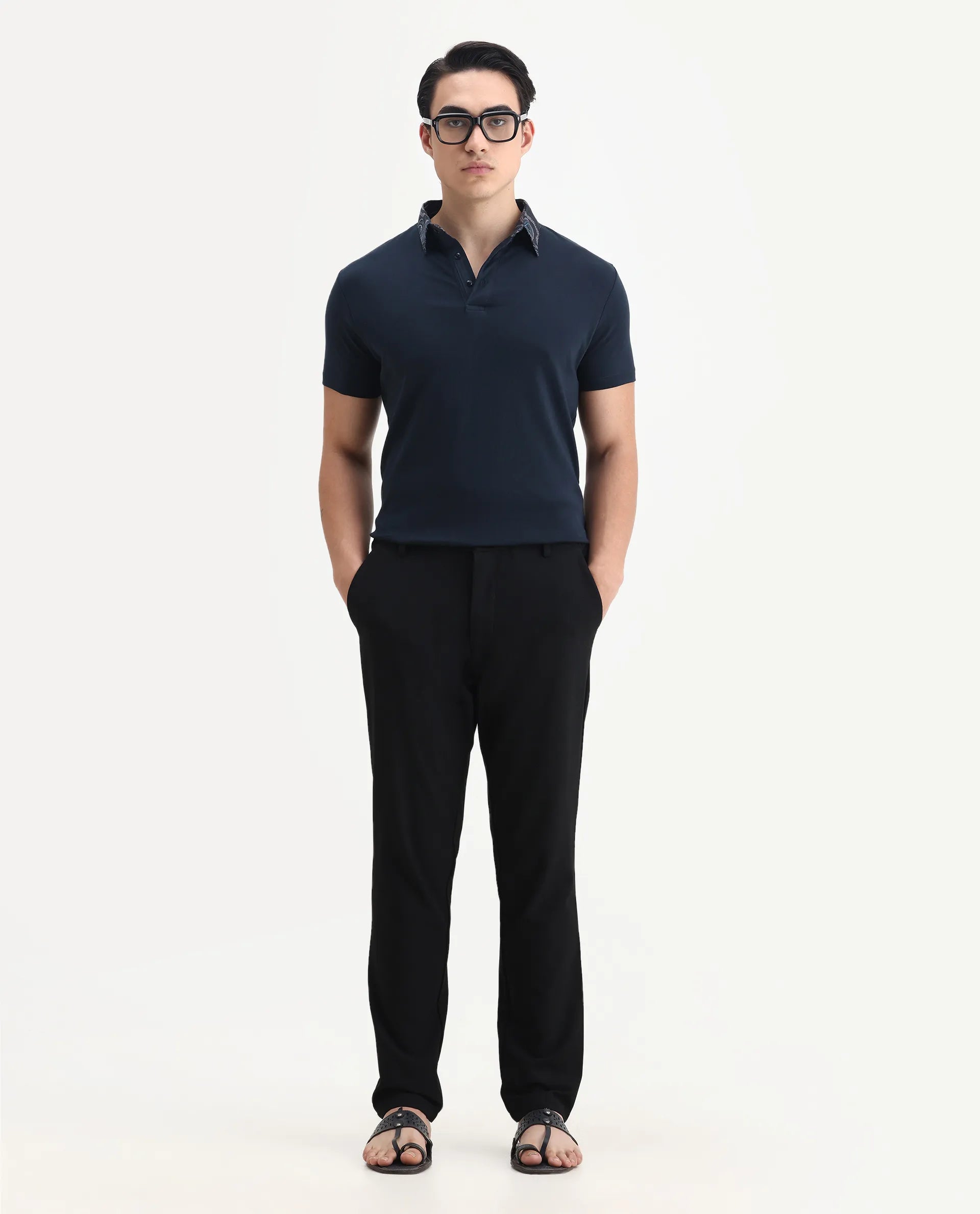 Rare Rabbit Men's Ringer-1 Navy Cotton Printed Regular Fit Half Sleeve Polo