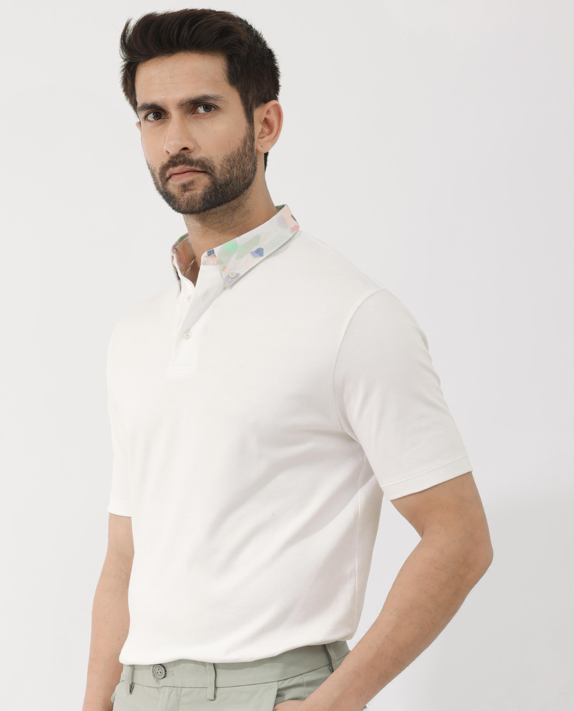 Rare Rabbit Men's Ringer-2 White Cotton Fabric Printed Collar Half Sleeves Polo T-Shirt