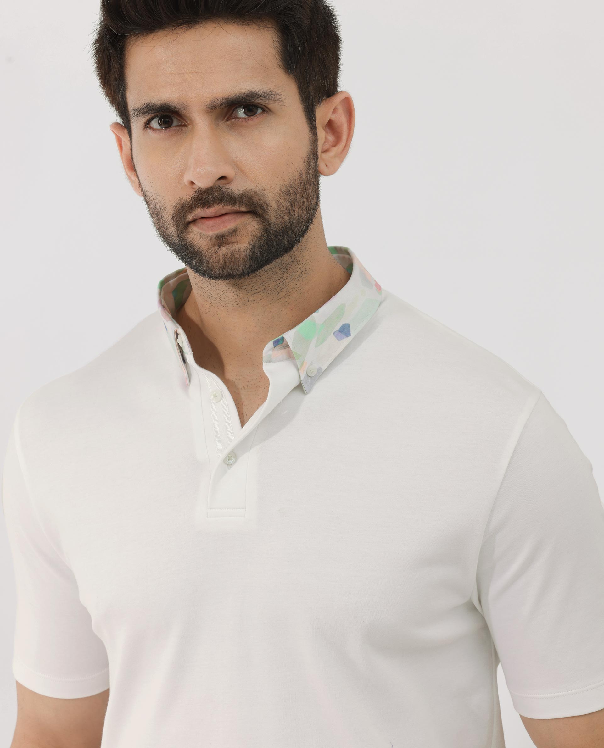 Rare Rabbit Men's Ringer-2 White Cotton Fabric Printed Collar Half Sleeves Polo T-Shirt