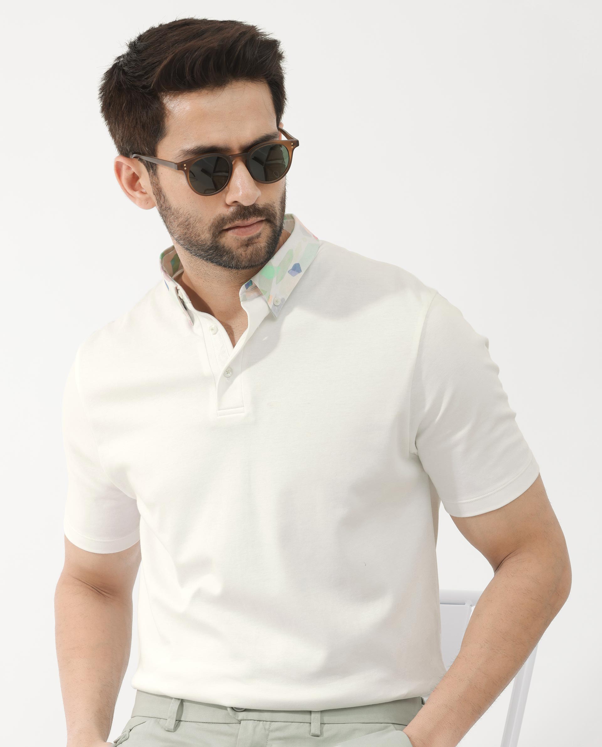 Rare Rabbit Men's Ringer-2 White Cotton Fabric Printed Collar Half Sleeves Polo T-Shirt