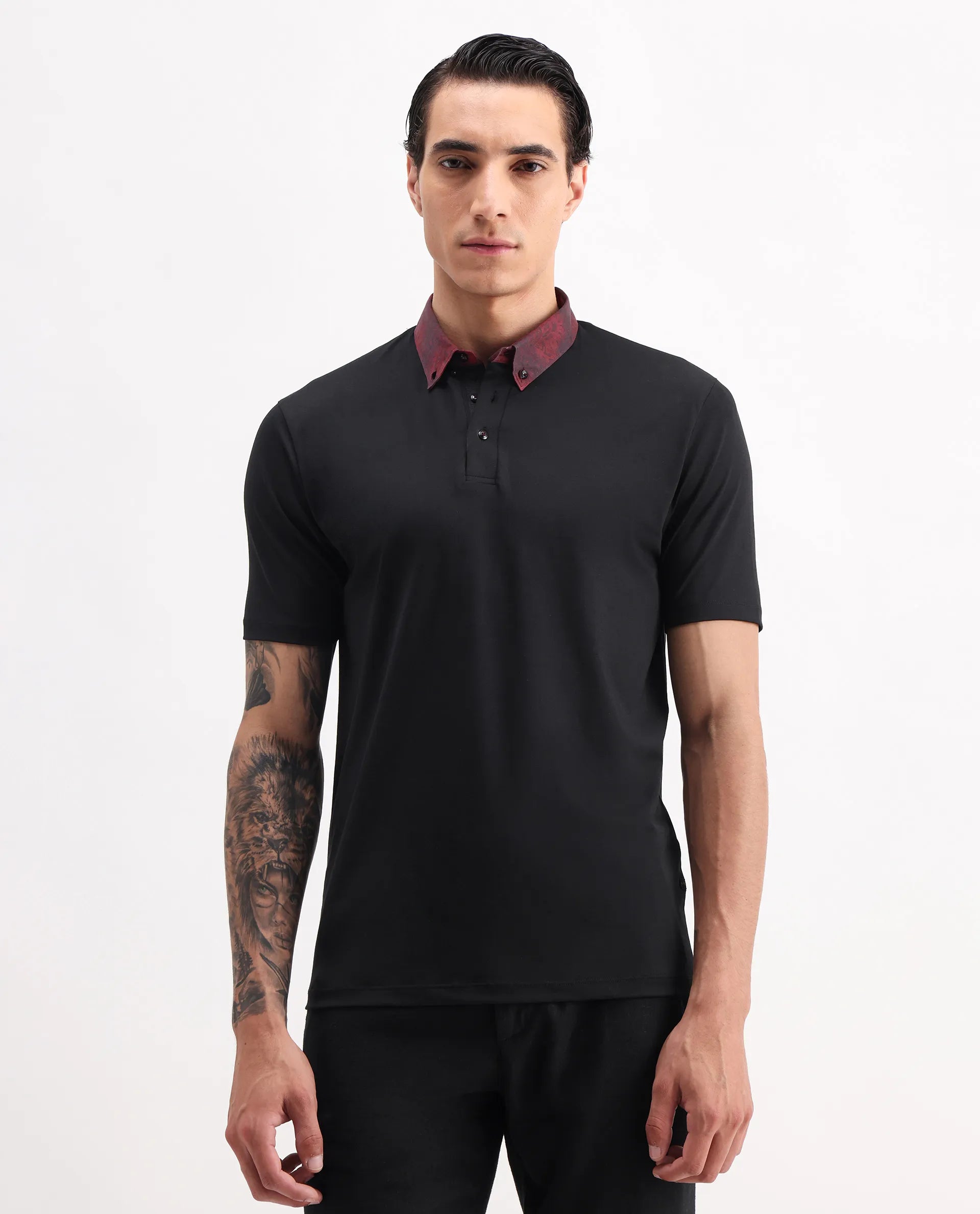 Rare Rabbit Men's Ringer-2 Black Cotton Plain Regular Fit Half Sleeve Polo