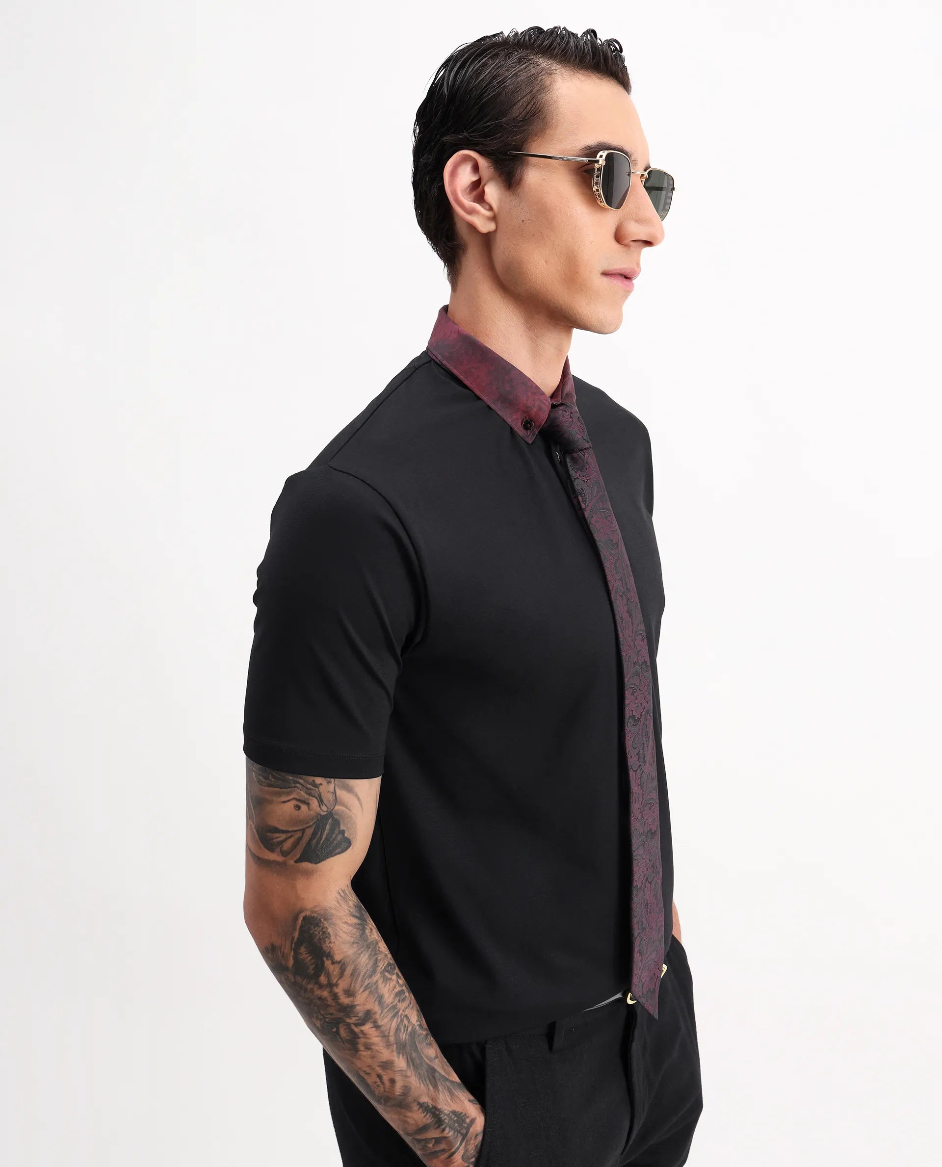 Rare Rabbit Men's Ringer-2 Black Cotton Plain Regular Fit Half Sleeve Polo