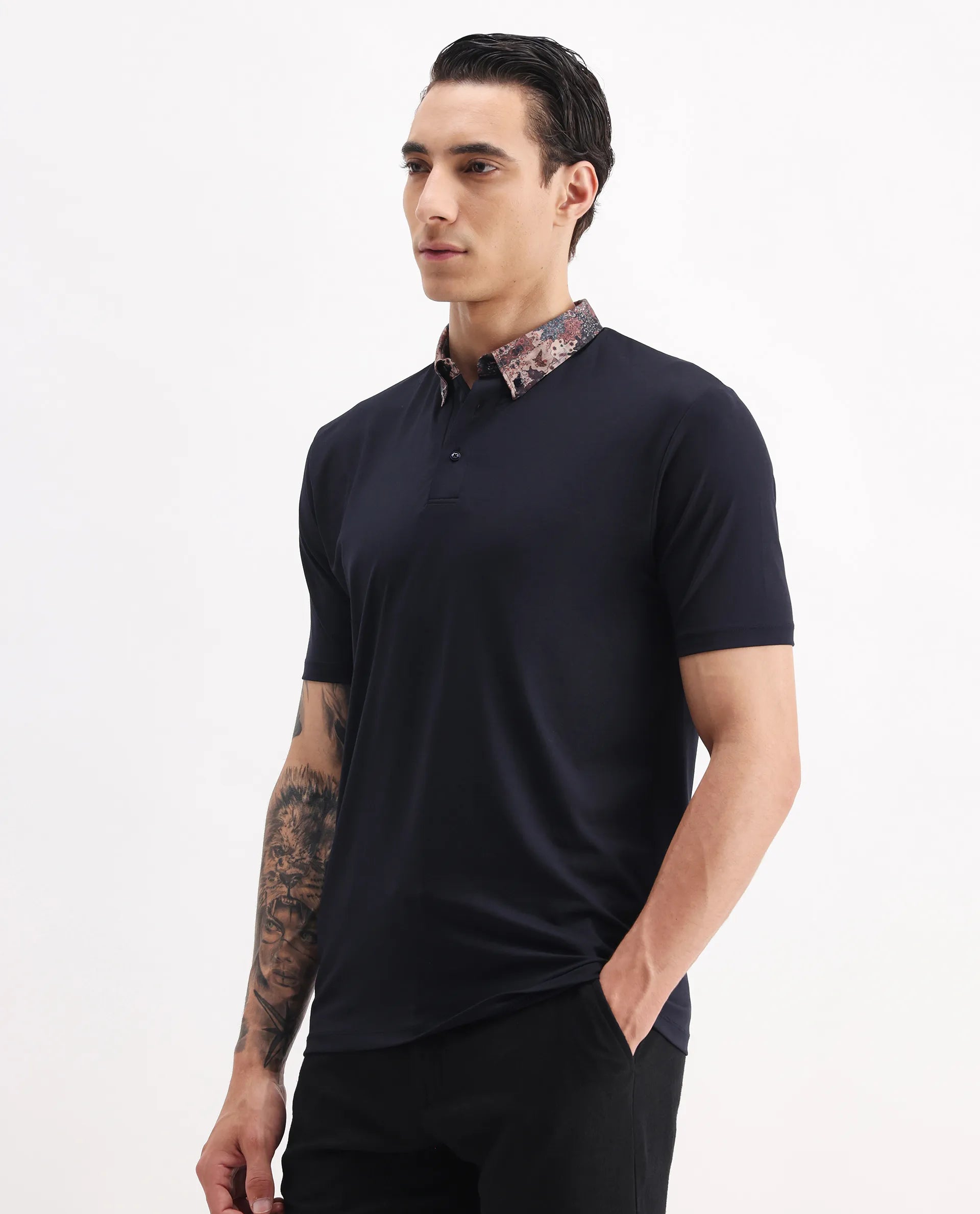 Rare Rabbit Men's Ringer-2 Dark Navy Cotton Plain Regular Fit Half Sleeve Polo