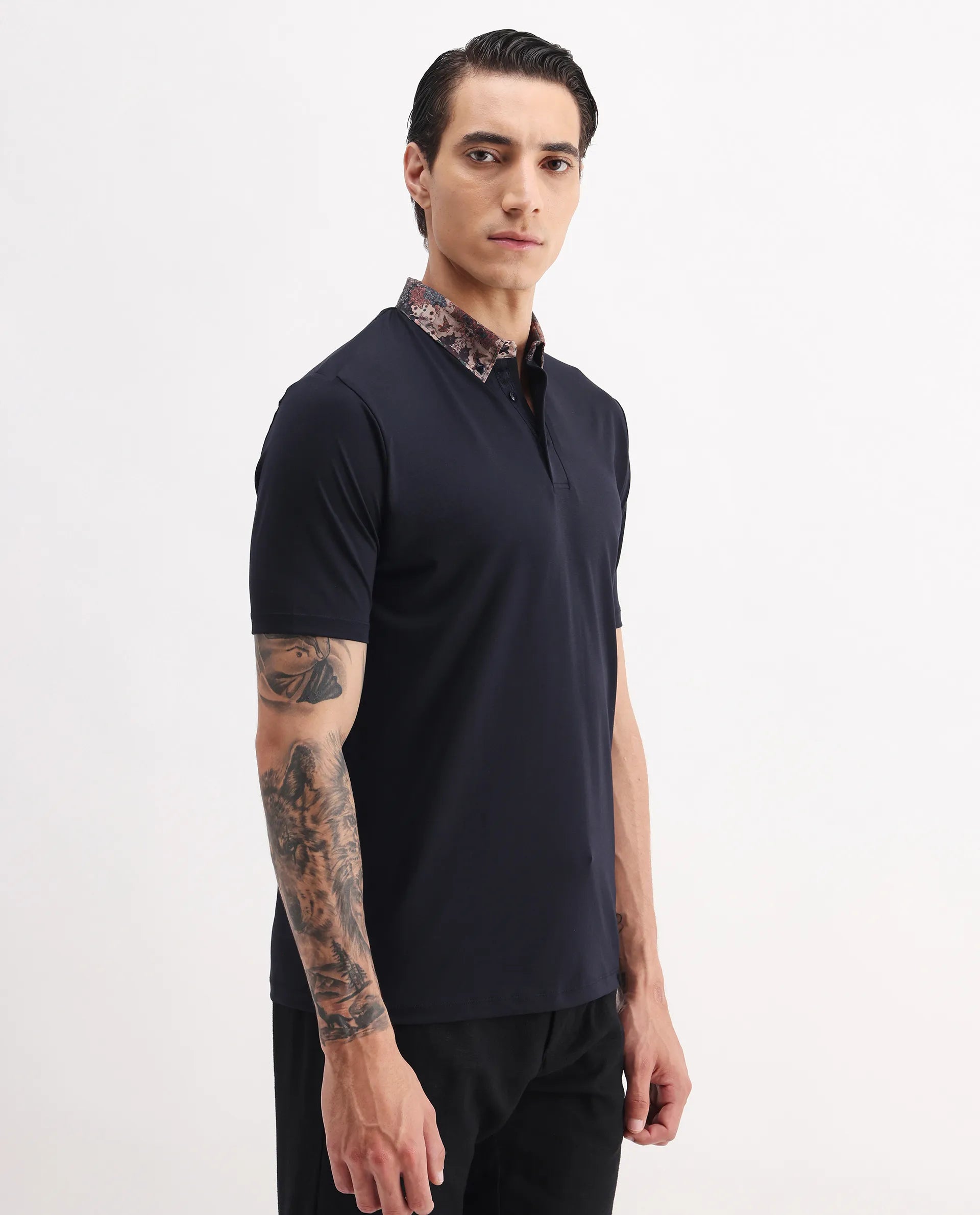 Rare Rabbit Men's Ringer-2 Dark Navy Cotton Plain Regular Fit Half Sleeve Polo