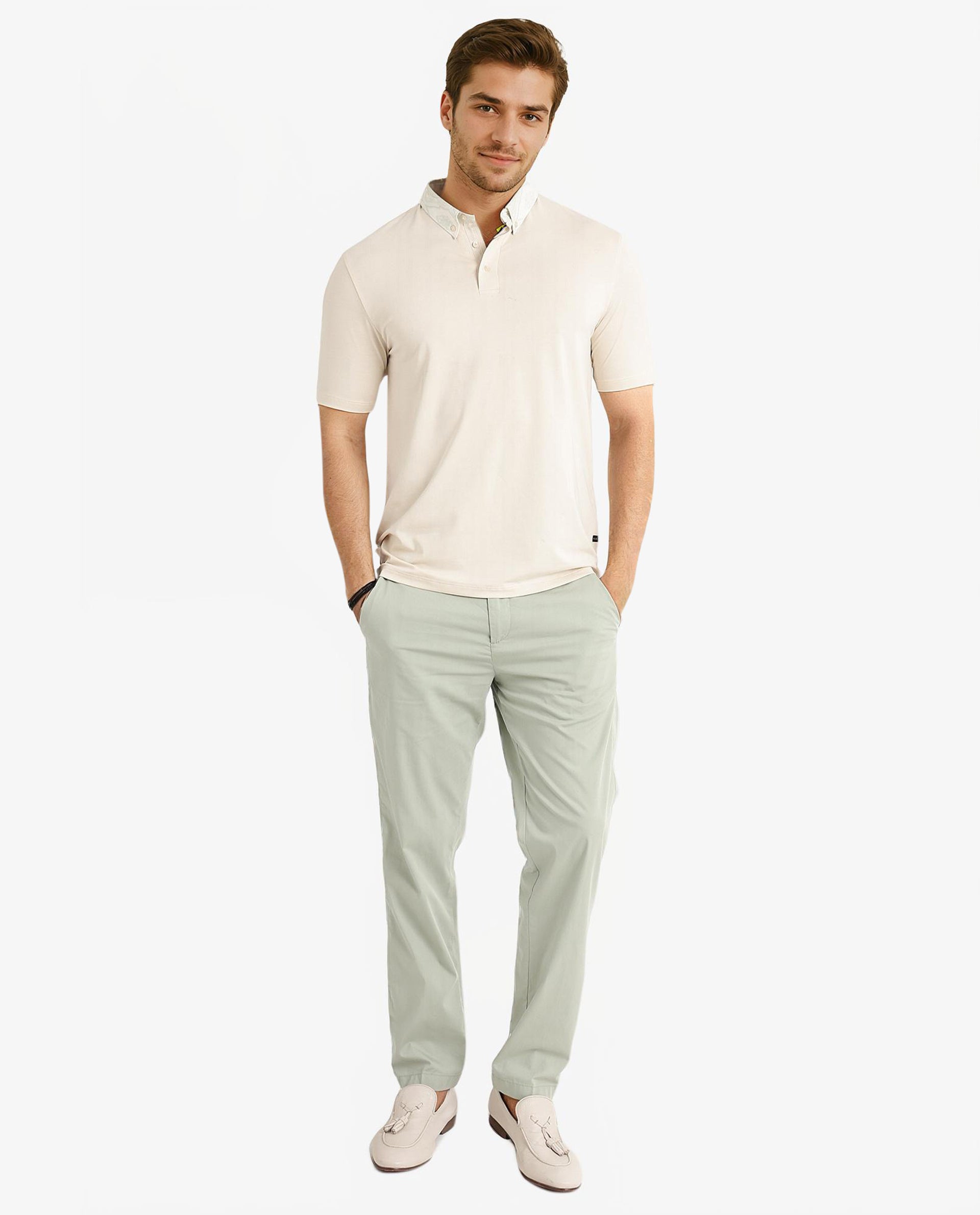 Rare Rabbit Men Ringer-2 Off White Cotton Fabric Printed Collar Half Sleeves Polo T-Shirt