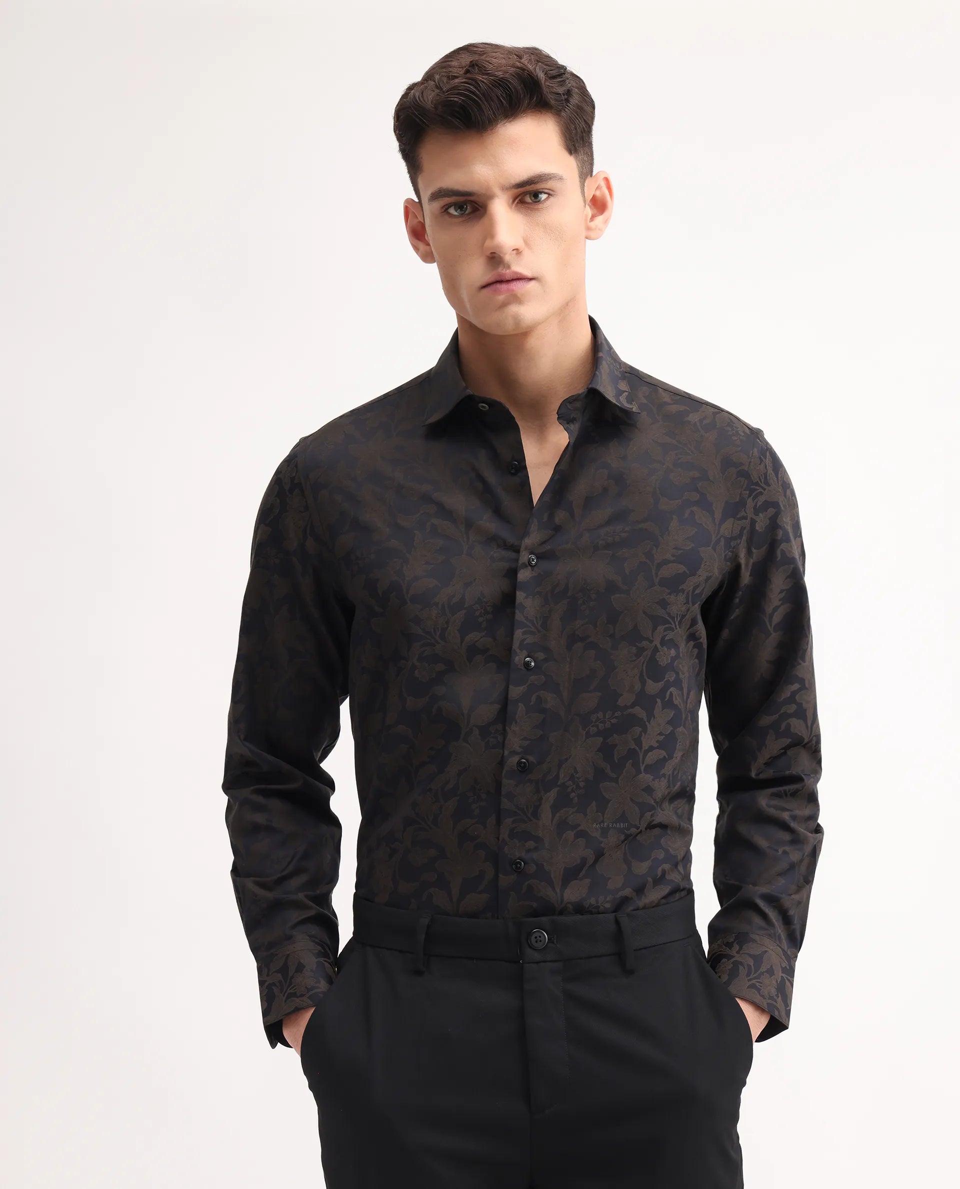 Rare Rabbit Men's Ringer-S Black Cotton Jacquard Regular Fit Full Sleeve Collared Shirt