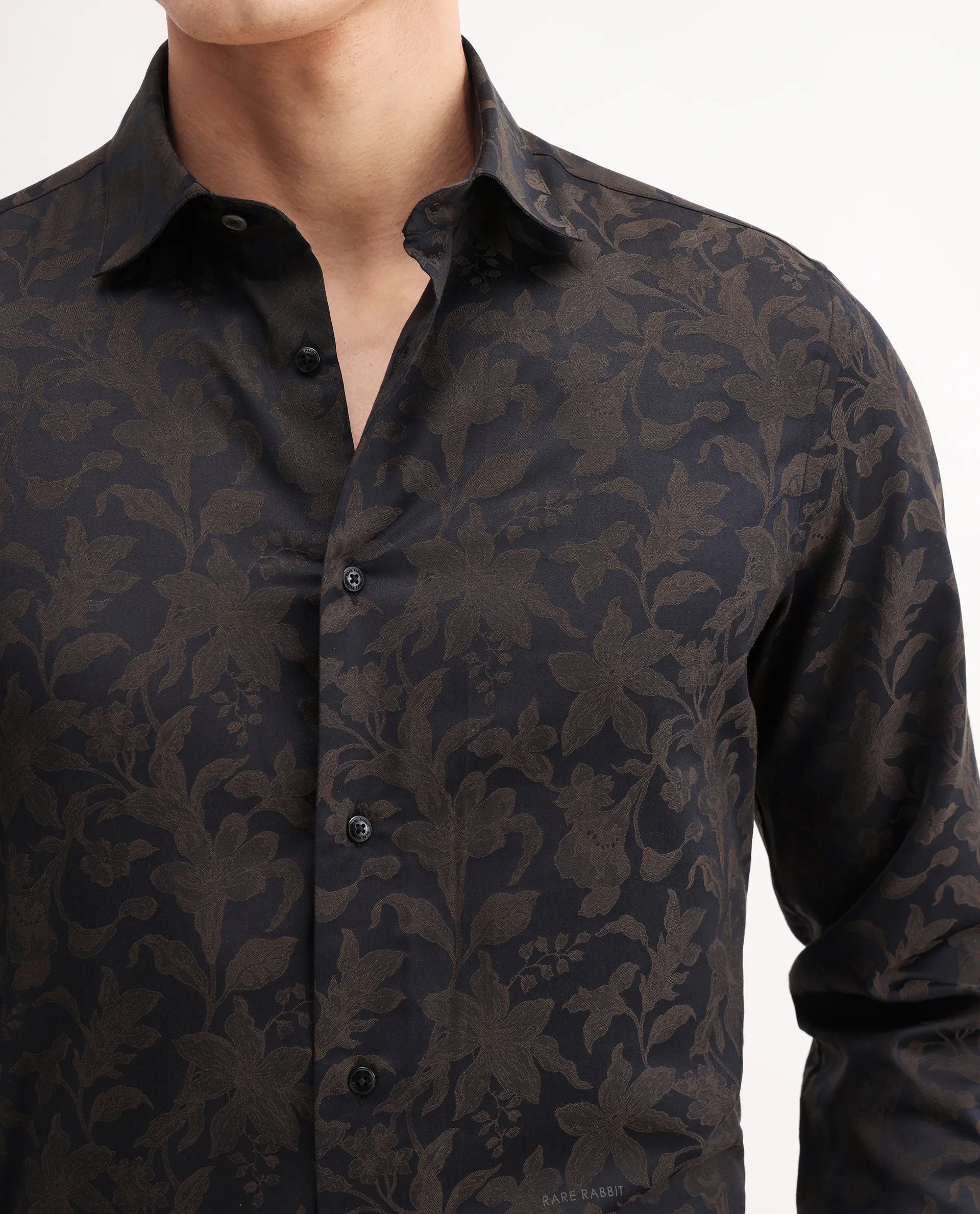 Rare Rabbit Men's Ringer-S Black Cotton Jacquard Regular Fit Full Sleeve Collared Shirt