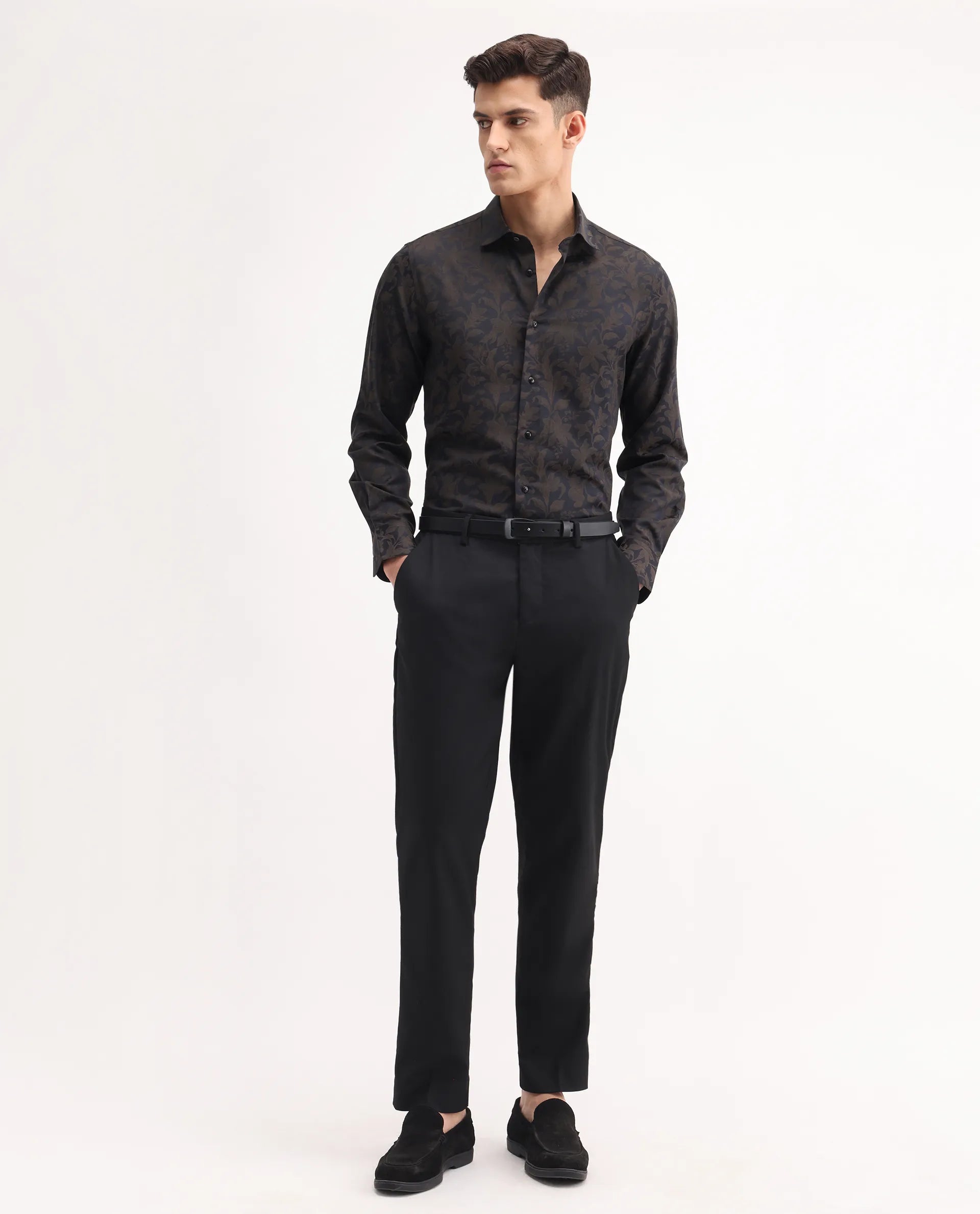 Rare Rabbit Men's Ringer-S Black Cotton Jacquard Regular Fit Full Sleeve Collared Shirt