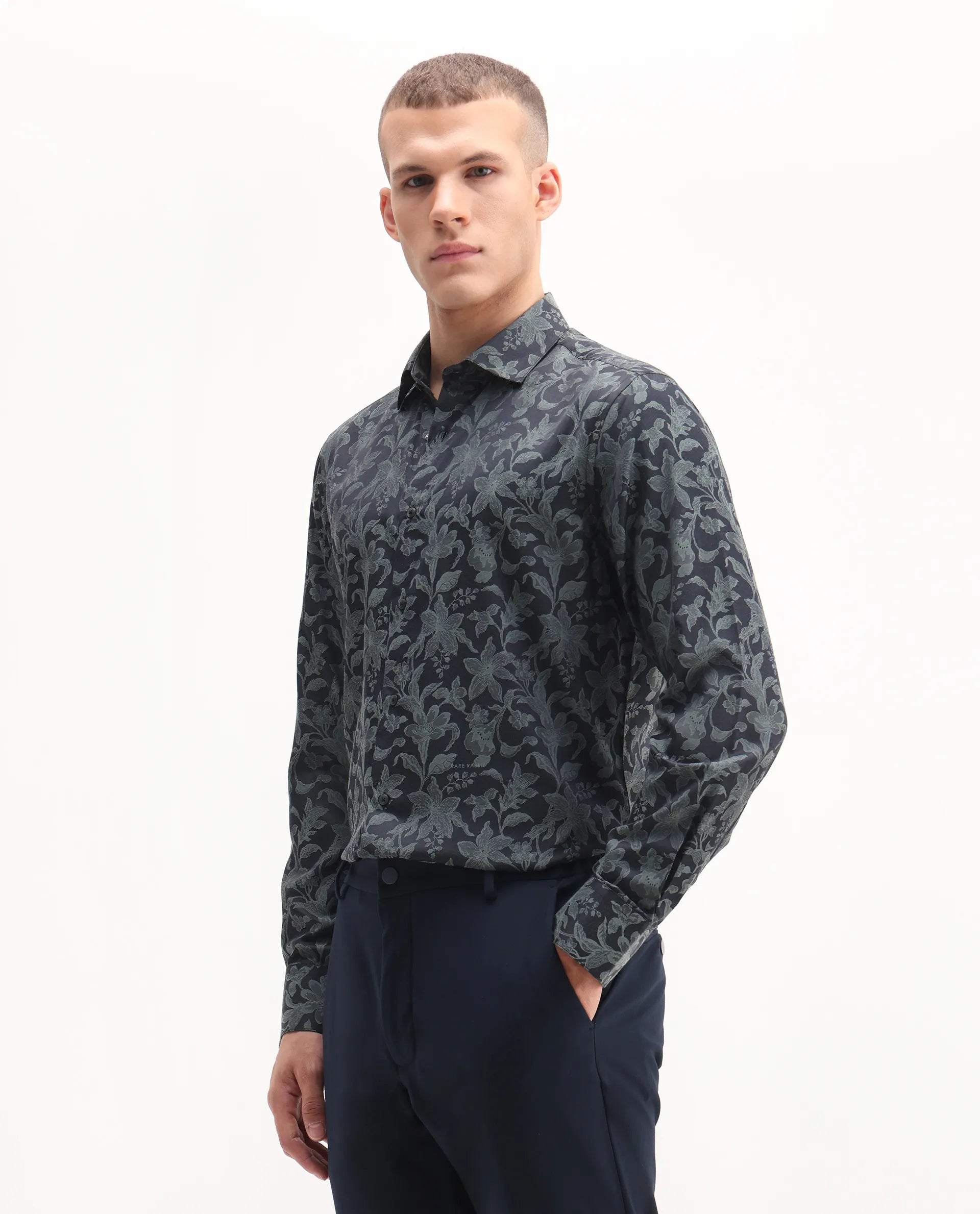 Rare Rabbit Men's Ringer-S Dusky Green Cotton Jacquard Regular Fit Full Sleeve Collared Shirt