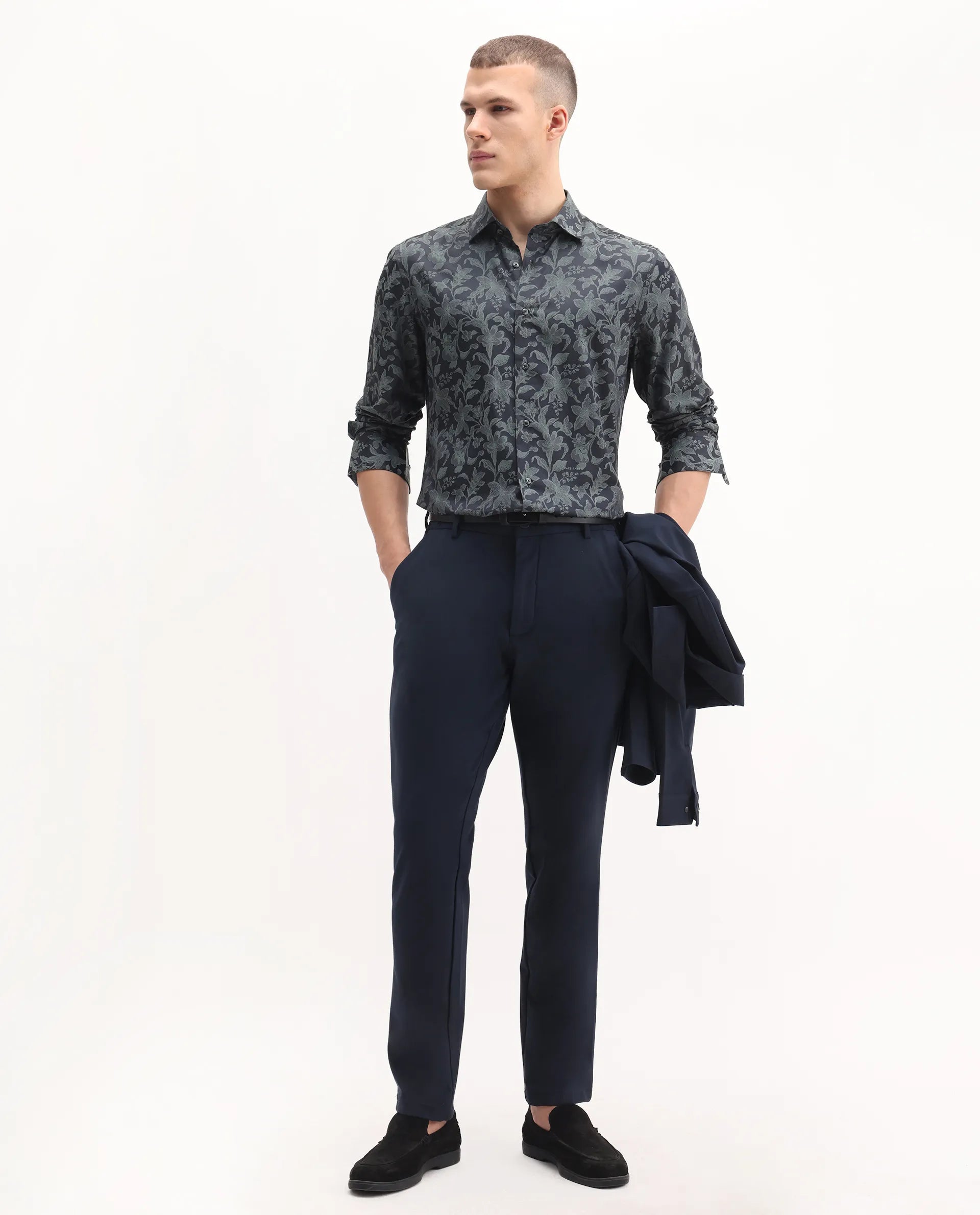 Rare Rabbit Men's Ringer-S Dusky Green Cotton Jacquard Regular Fit Full Sleeve Collared Shirt
