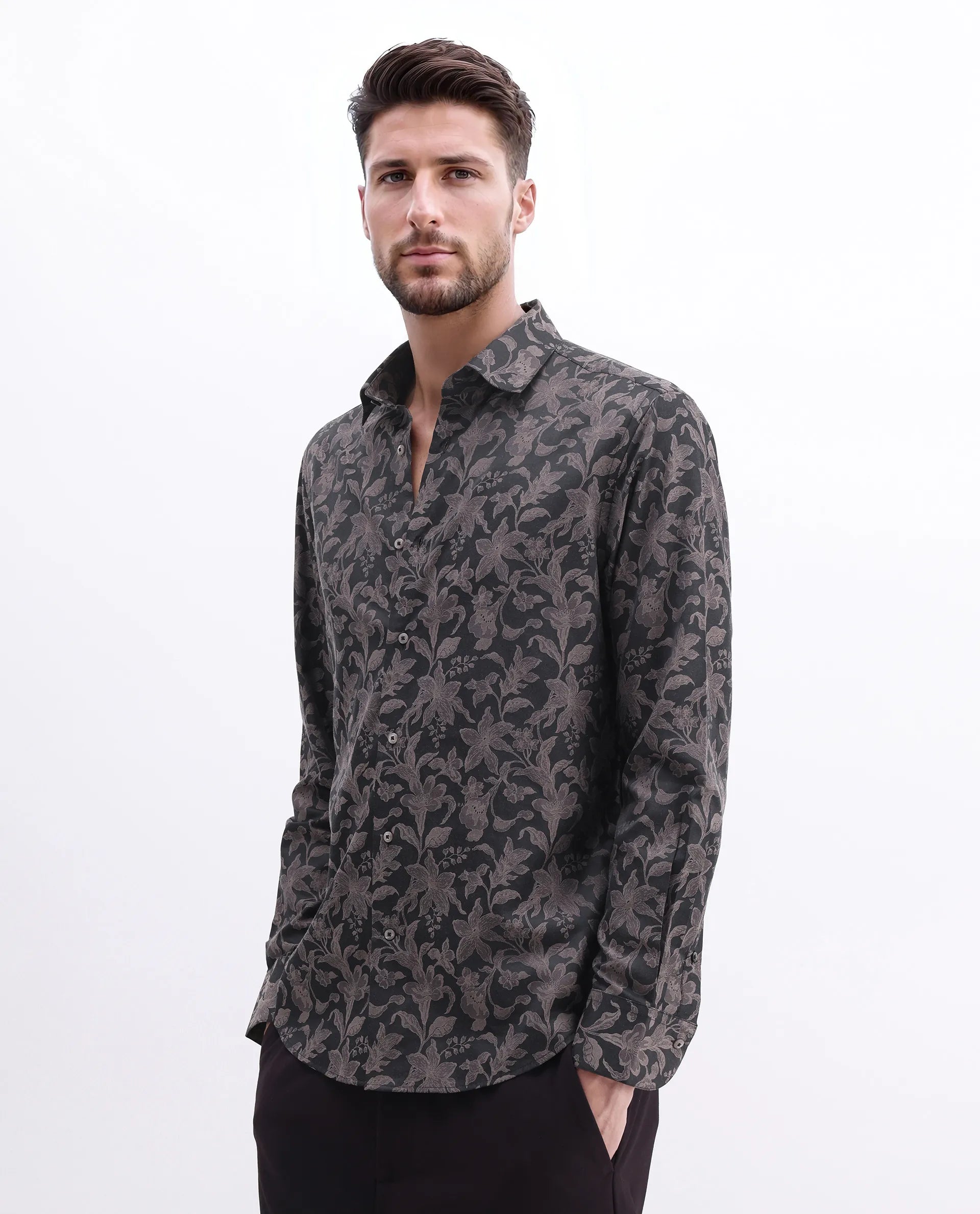 Rare Rabbit Men's Ringer-S Dusky Pink Cotton Jacquard Regular Fit Full Sleeve Collared Shirt