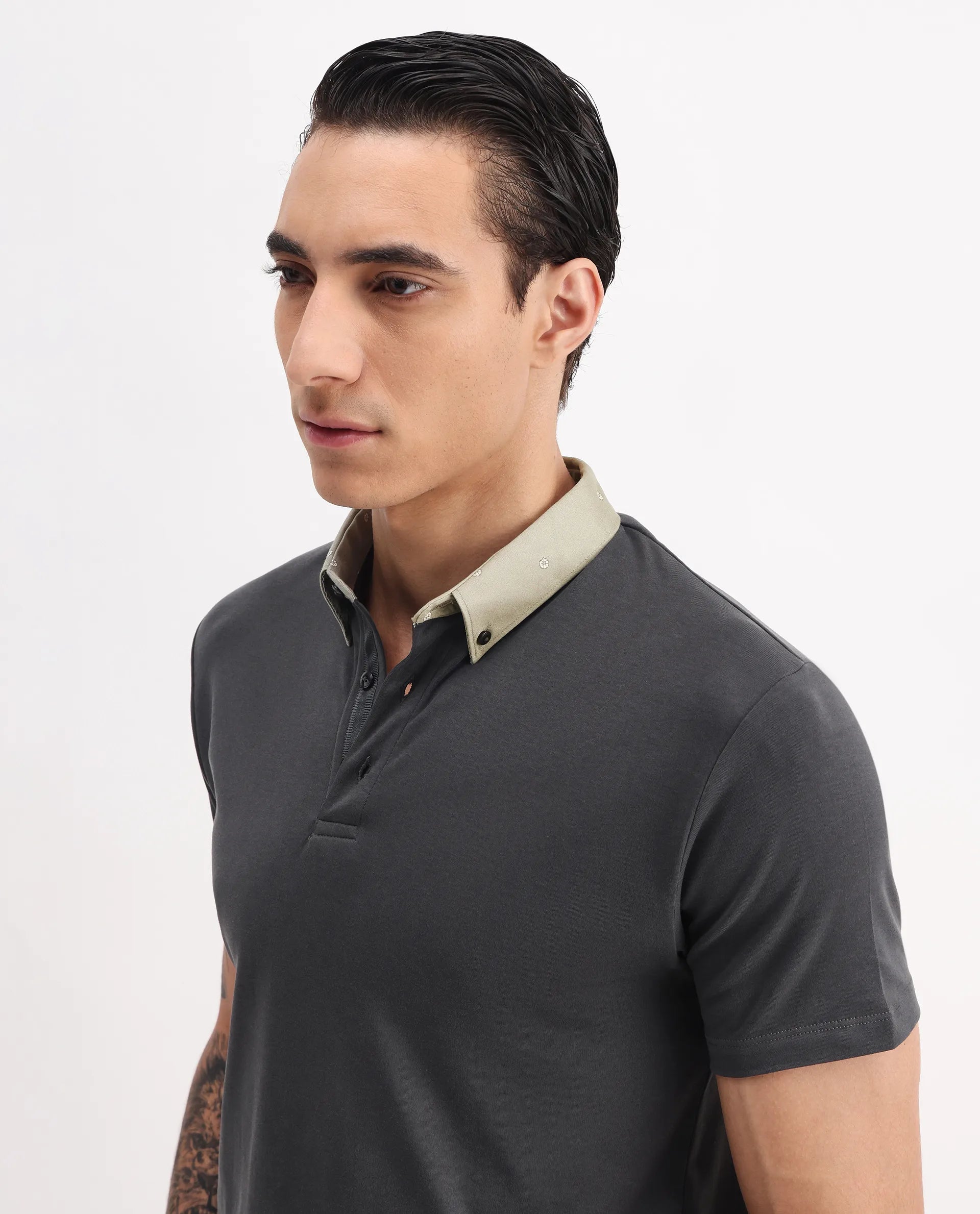 Rare Rabbit Men's Ringer-1 Olive Cotton Printed Regular Fit Half Sleeve Polo