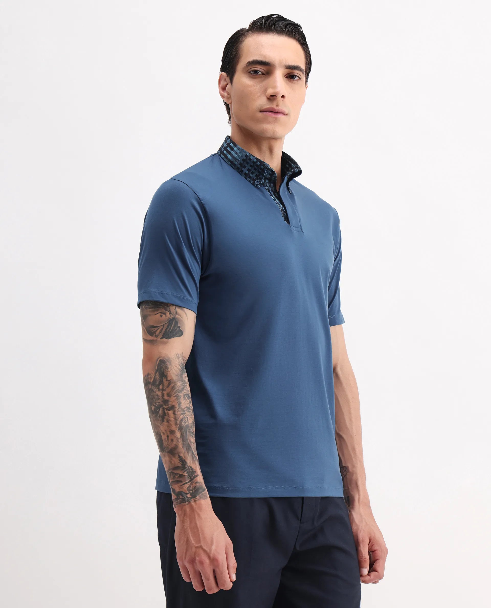 Rare Rabbit Men's Ringer-25 Blue Cotton Blend Plain Regular Fit Half Sleeve Polo