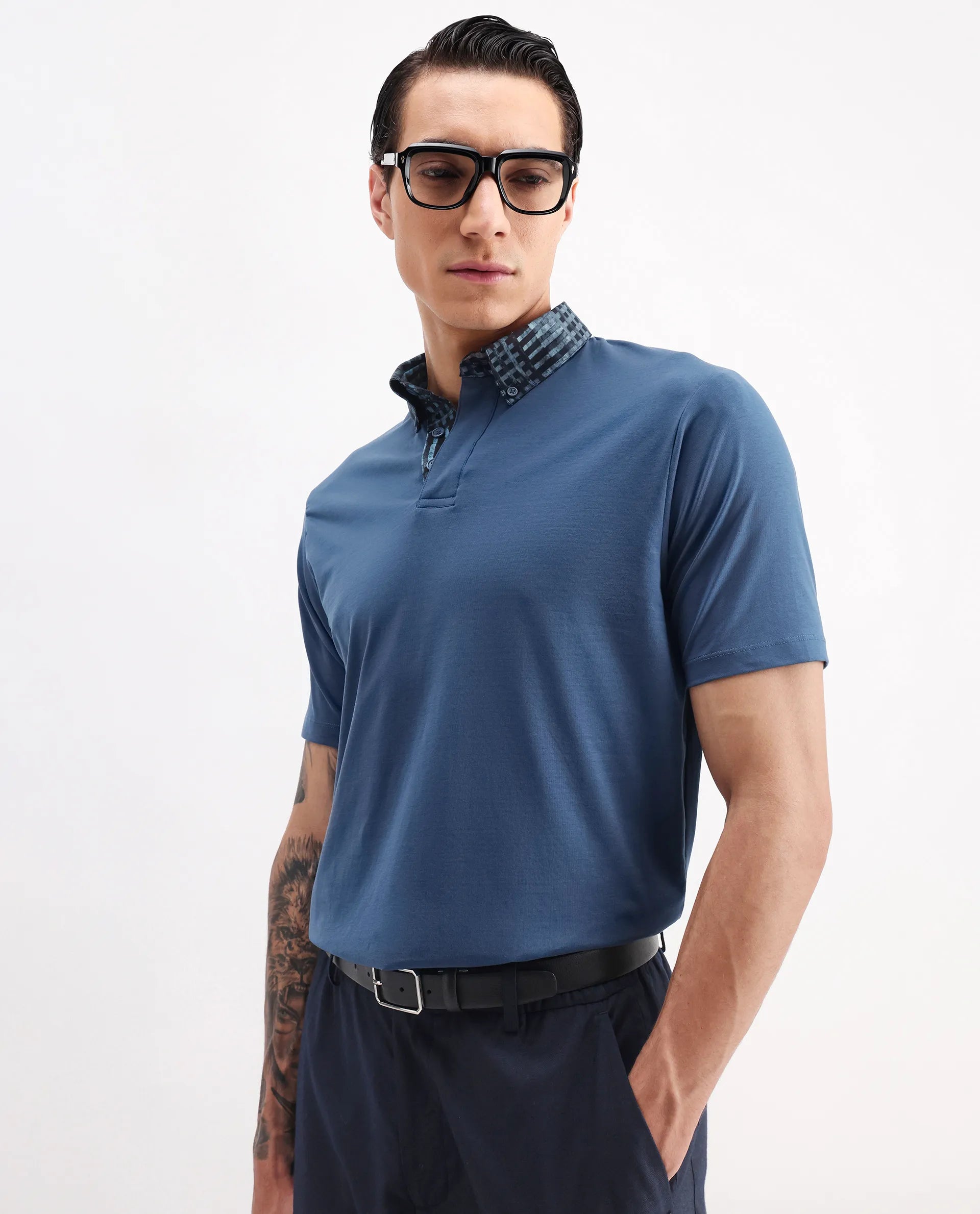 Rare Rabbit Men's Ringer-25 Blue Cotton Blend Plain Regular Fit Half Sleeve Polo