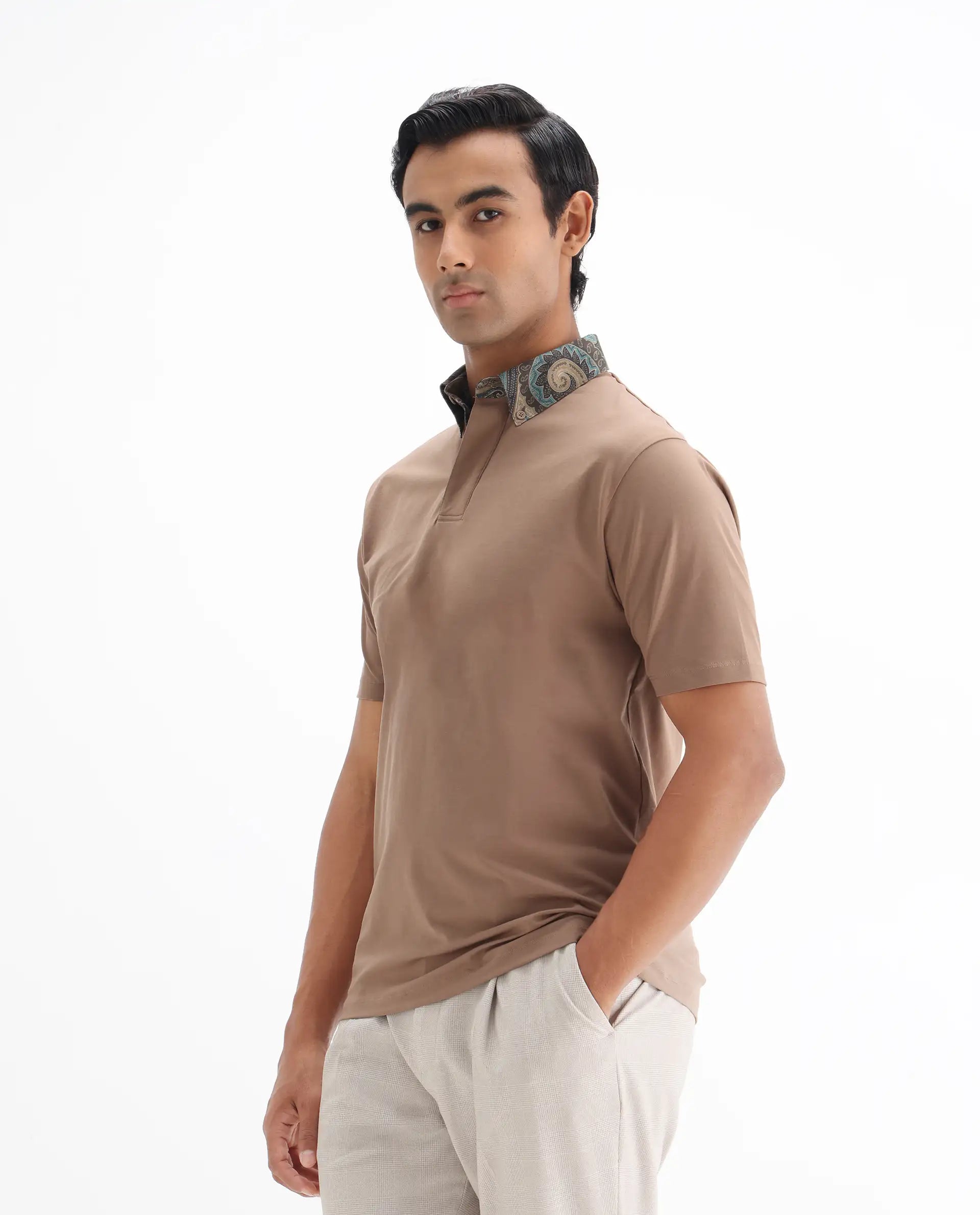 Rare Rabbit Men's Ringer-25 Dusky Beige Cotton Blend Plain Regular Fit Half Sleeve Polo
