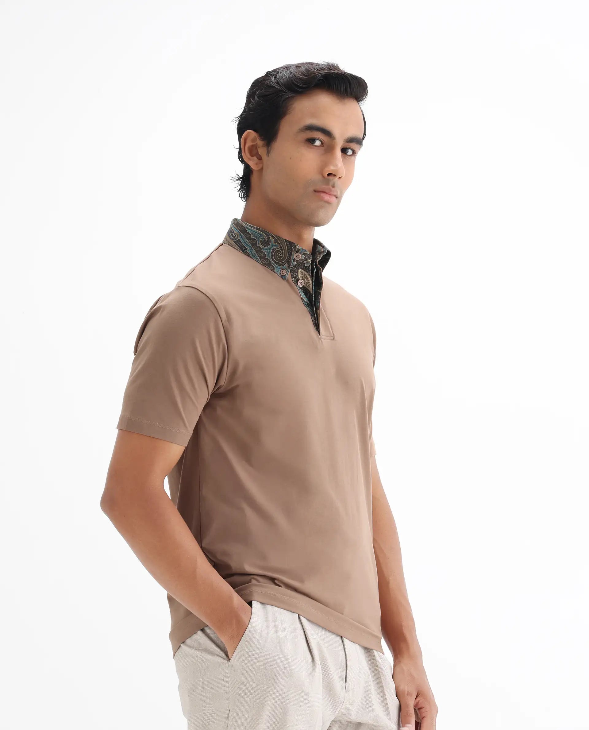 Rare Rabbit Men's Ringer-25 Dusky Beige Cotton Blend Plain Regular Fit Half Sleeve Polo