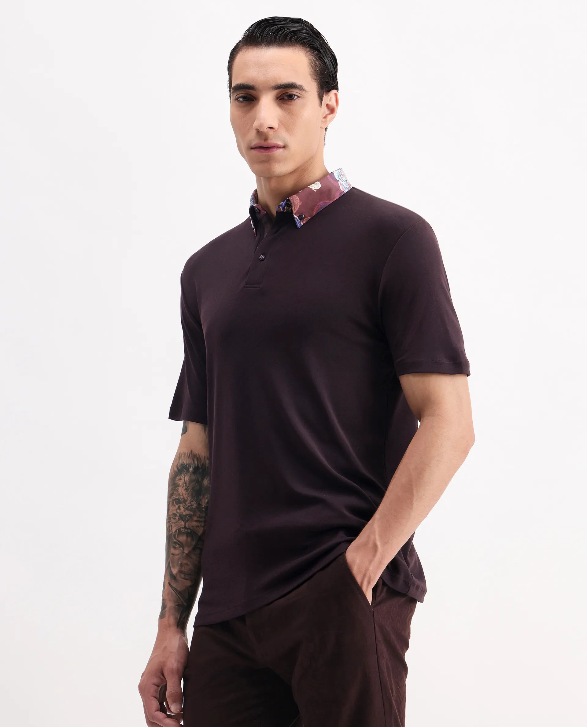 Rare Rabbit Men's Ringer 2 Dark Purple Cotton Printed Regular Fit Half Sleeve Polo