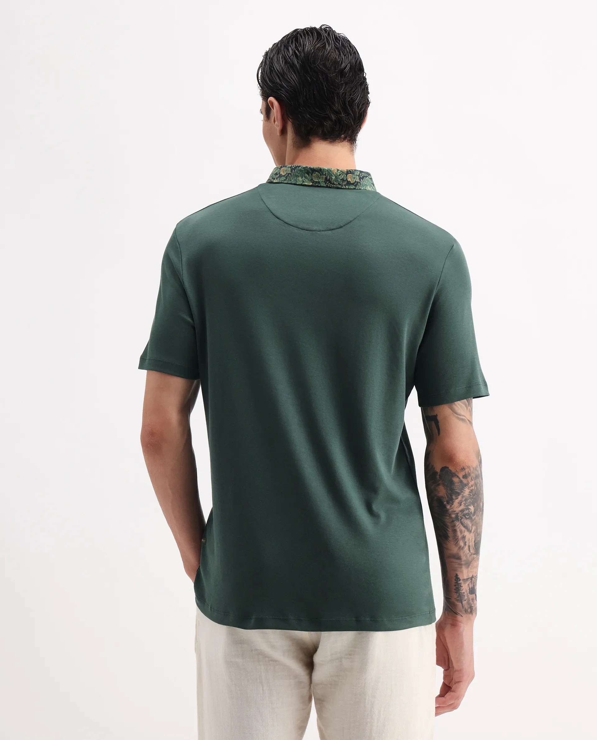 Rare Rabbit Men's Ringer2 Green Cotton Printed Regular Fit Half Sleeve Polo