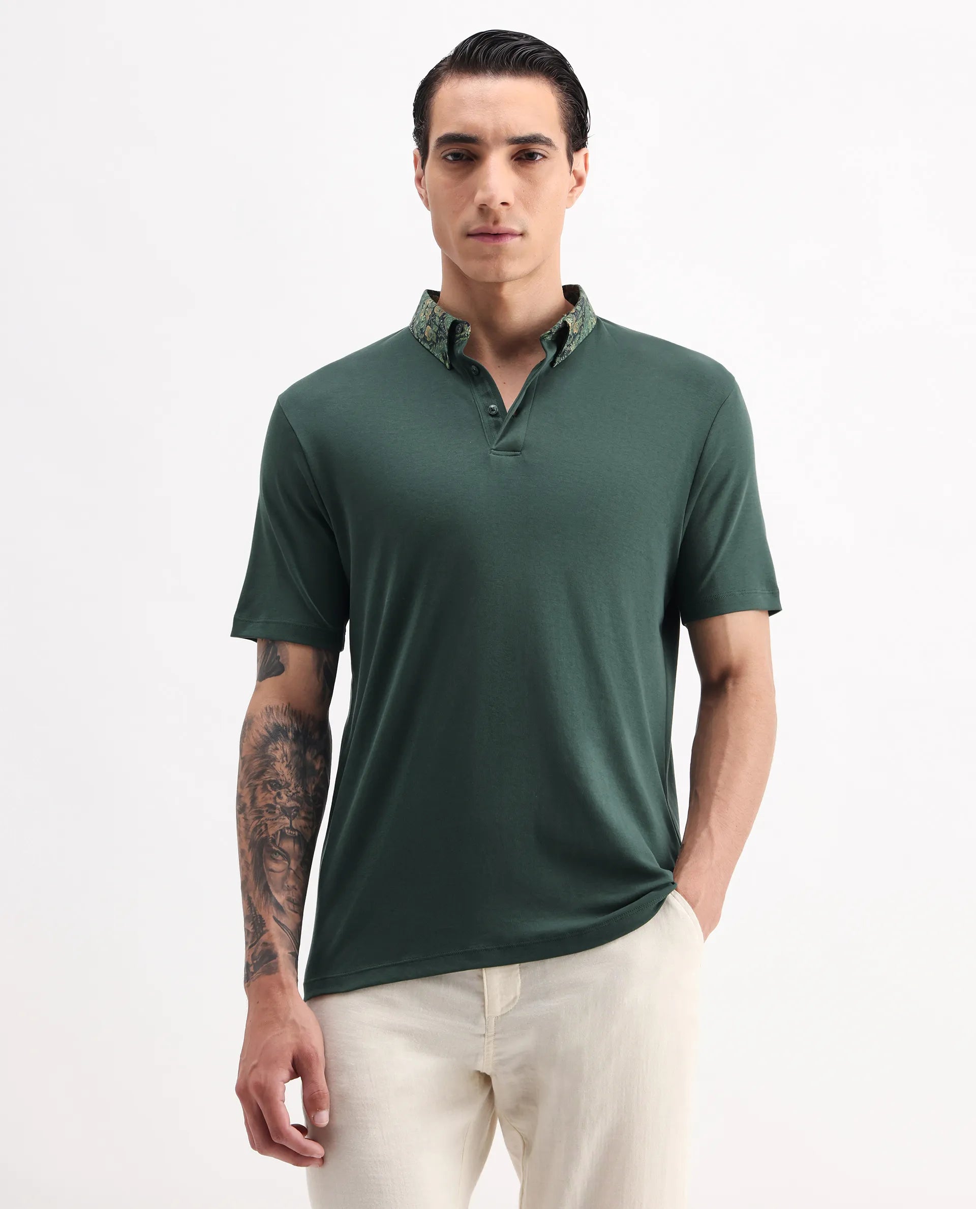 Rare Rabbit Men's Ringer2 Green Cotton Printed Regular Fit Half Sleeve Polo