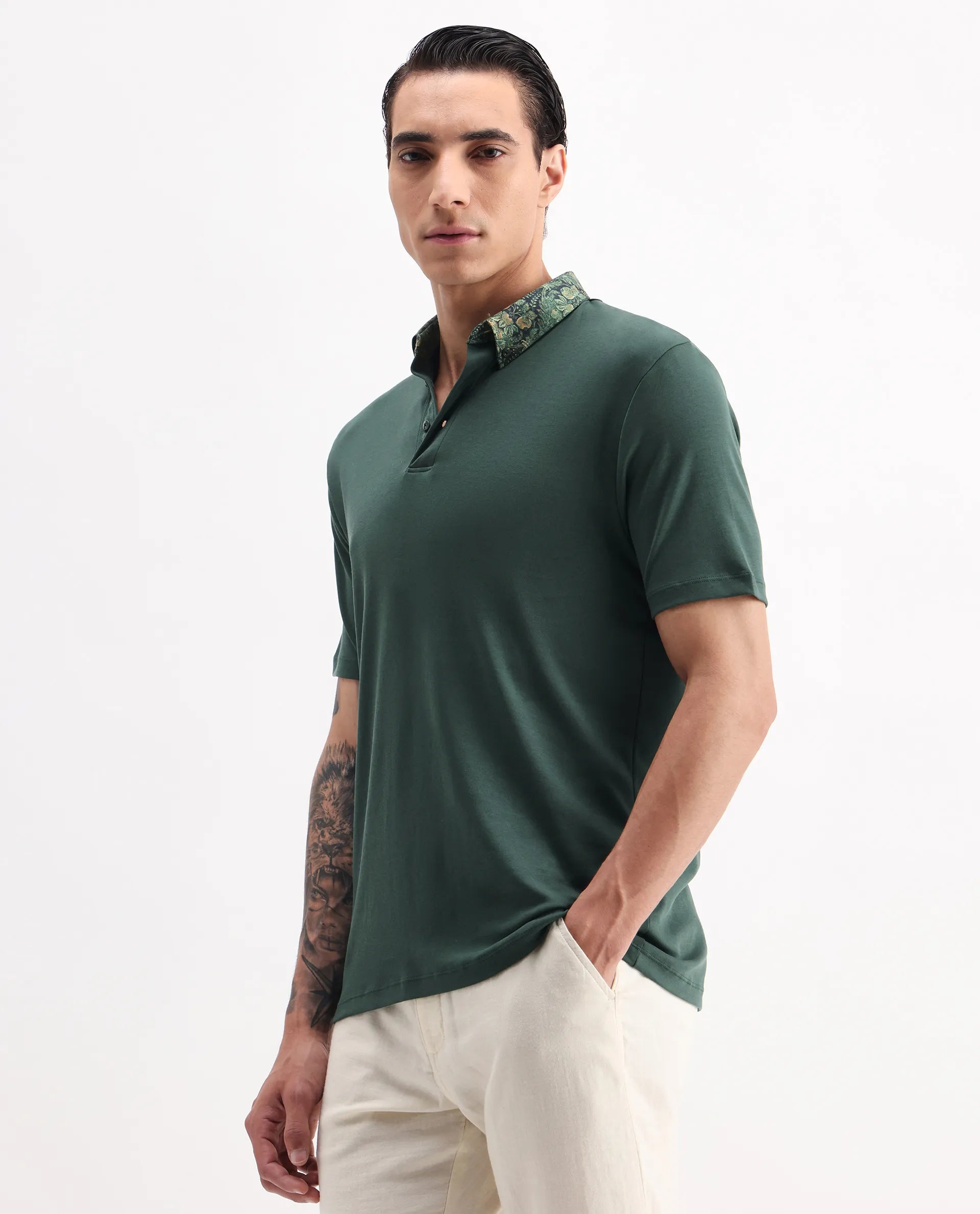 Rare Rabbit Men's Ringer2 Green Cotton Printed Regular Fit Half Sleeve Polo