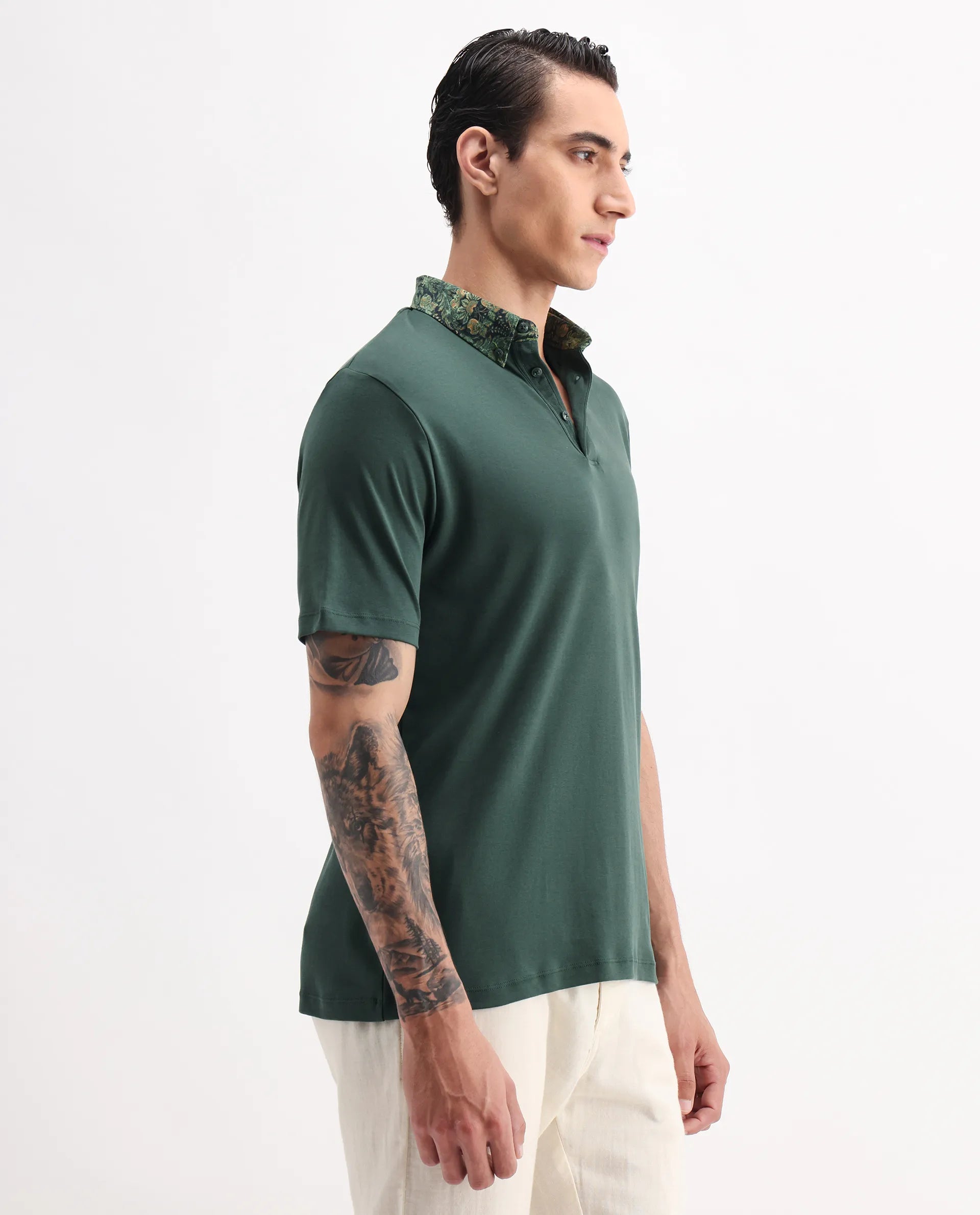 Rare Rabbit Men's Ringer2 Green Cotton Printed Regular Fit Half Sleeve Polo