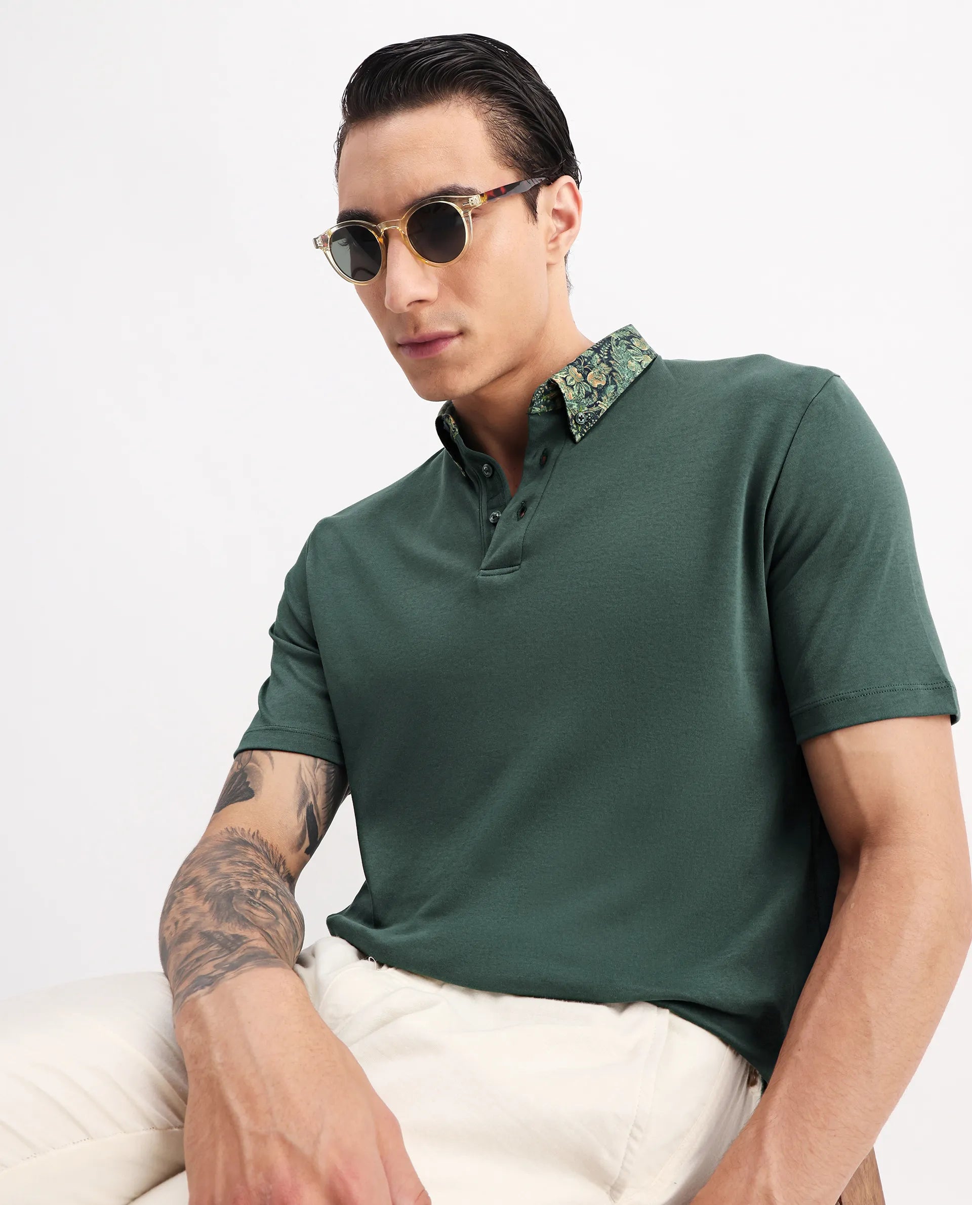 Rare Rabbit Men's Ringer2 Green Cotton Printed Regular Fit Half Sleeve Polo