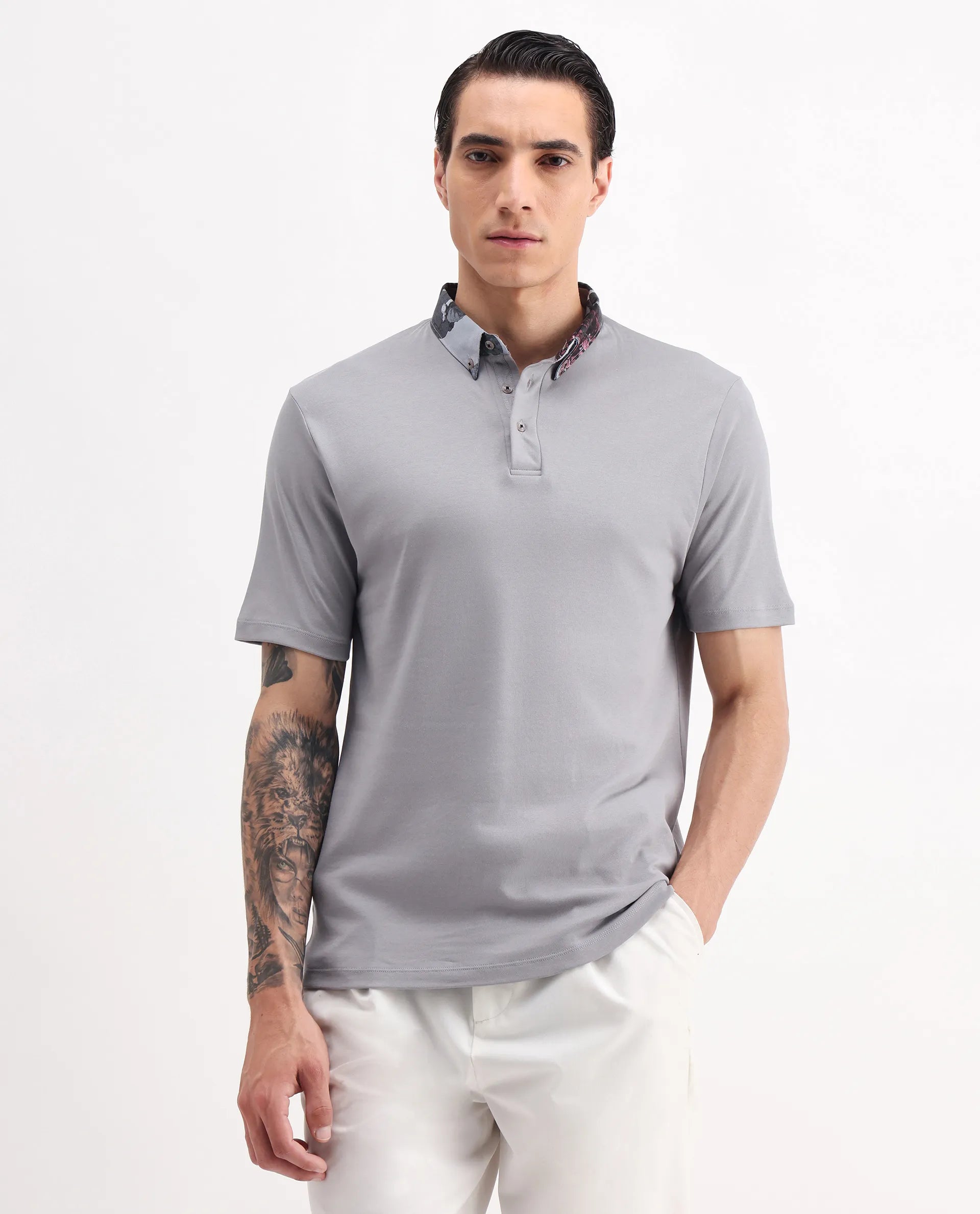 Rare Rabbit Men's Ringer2 Grey Cotton Printed Regular Fit Half Sleeve Polo