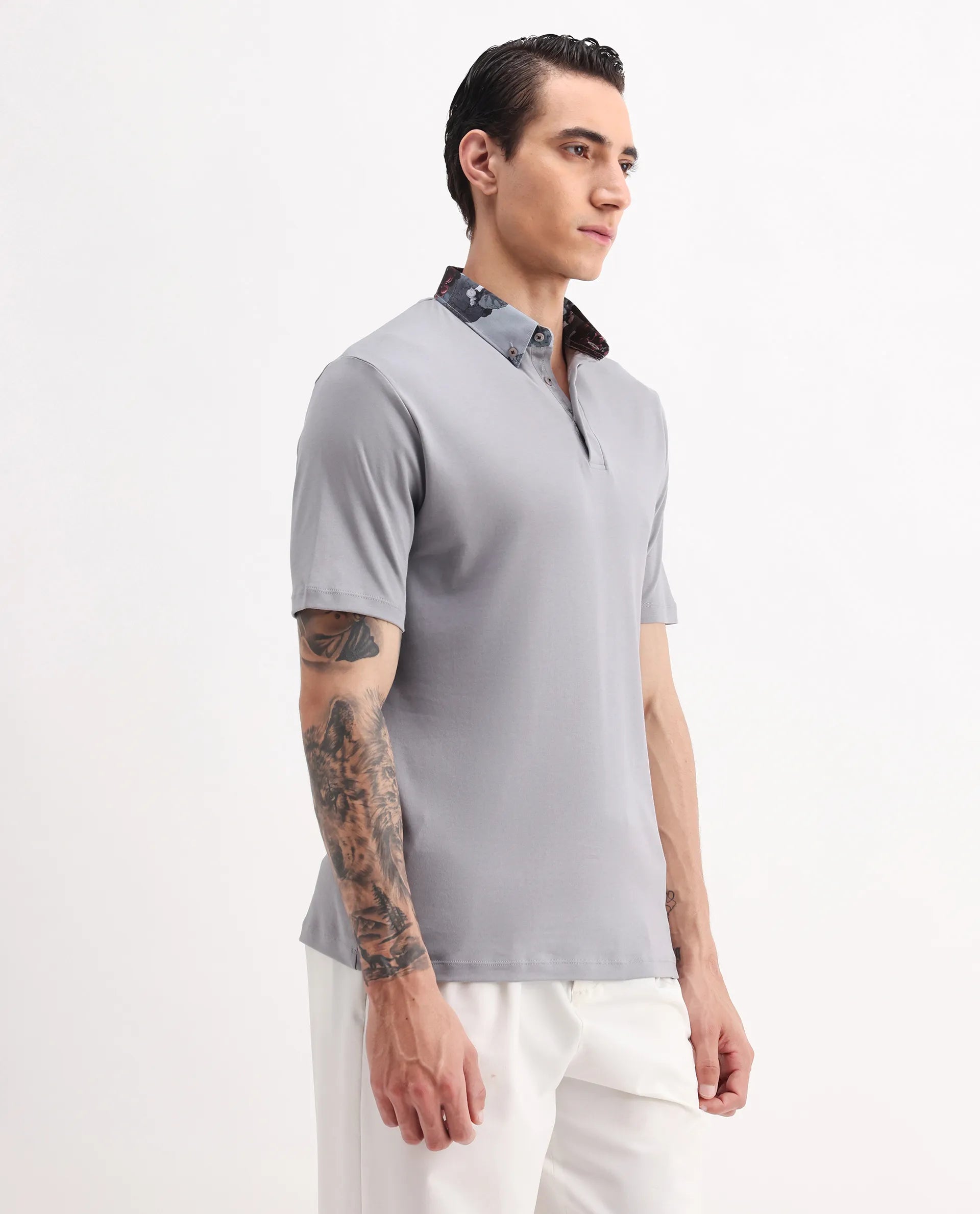 Rare Rabbit Men's Ringer2 Grey Cotton Printed Regular Fit Half Sleeve Polo