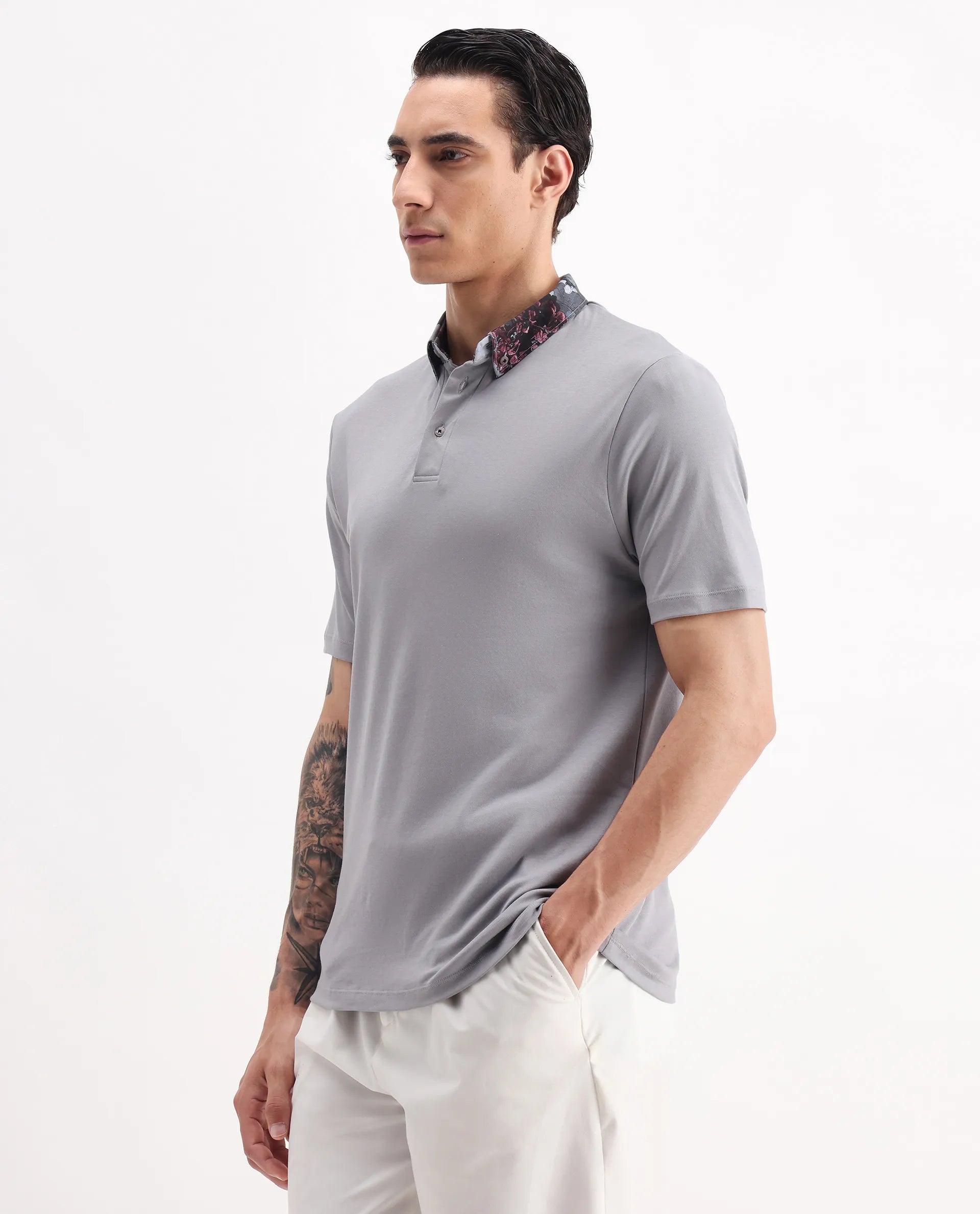 Rare Rabbit Men's Ringer2 Grey Cotton Printed Regular Fit Half Sleeve Polo