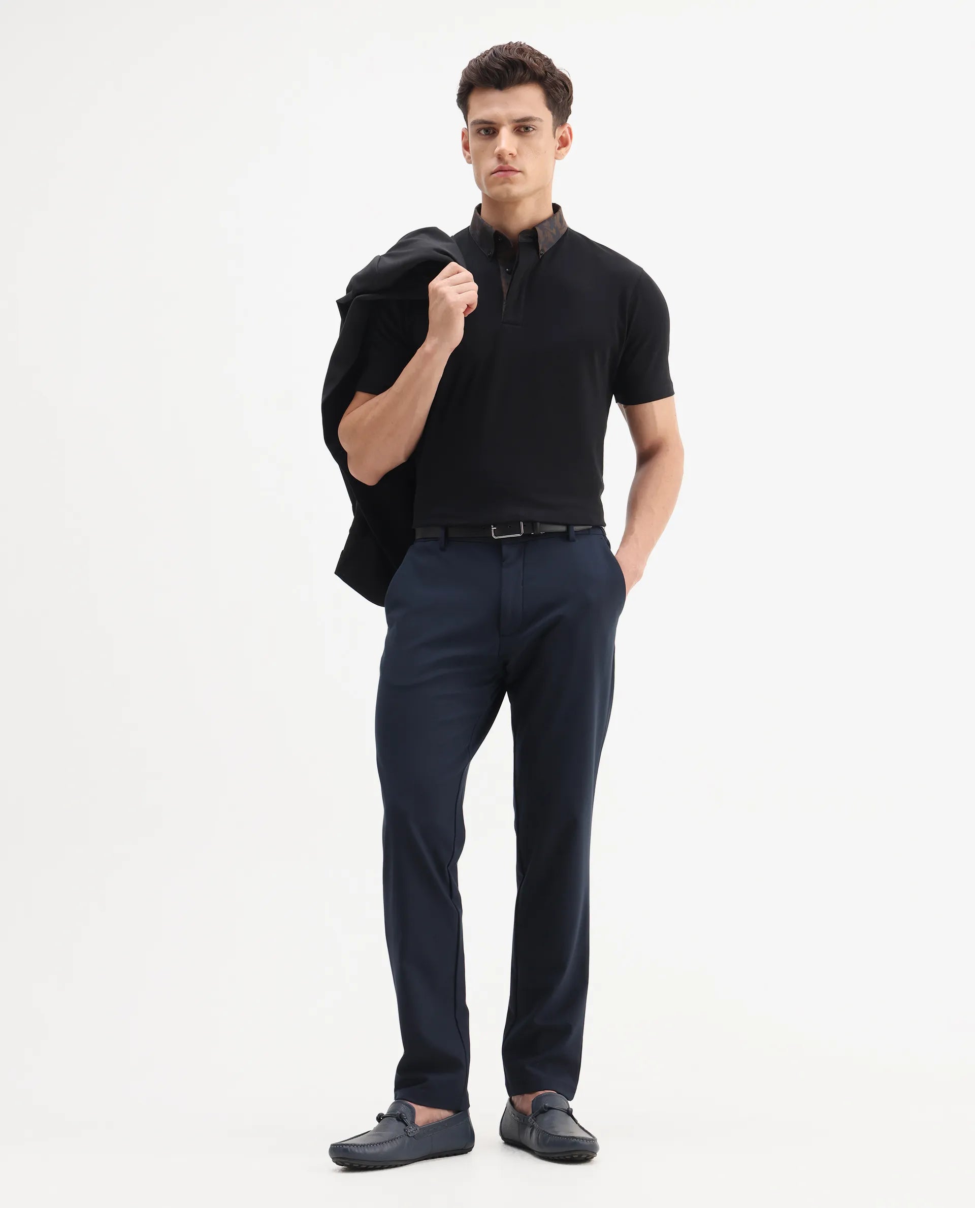 Rare Rabbit Men's Ringer-A25 Black Cotton Plain Regular Fit Half Sleeve Polo