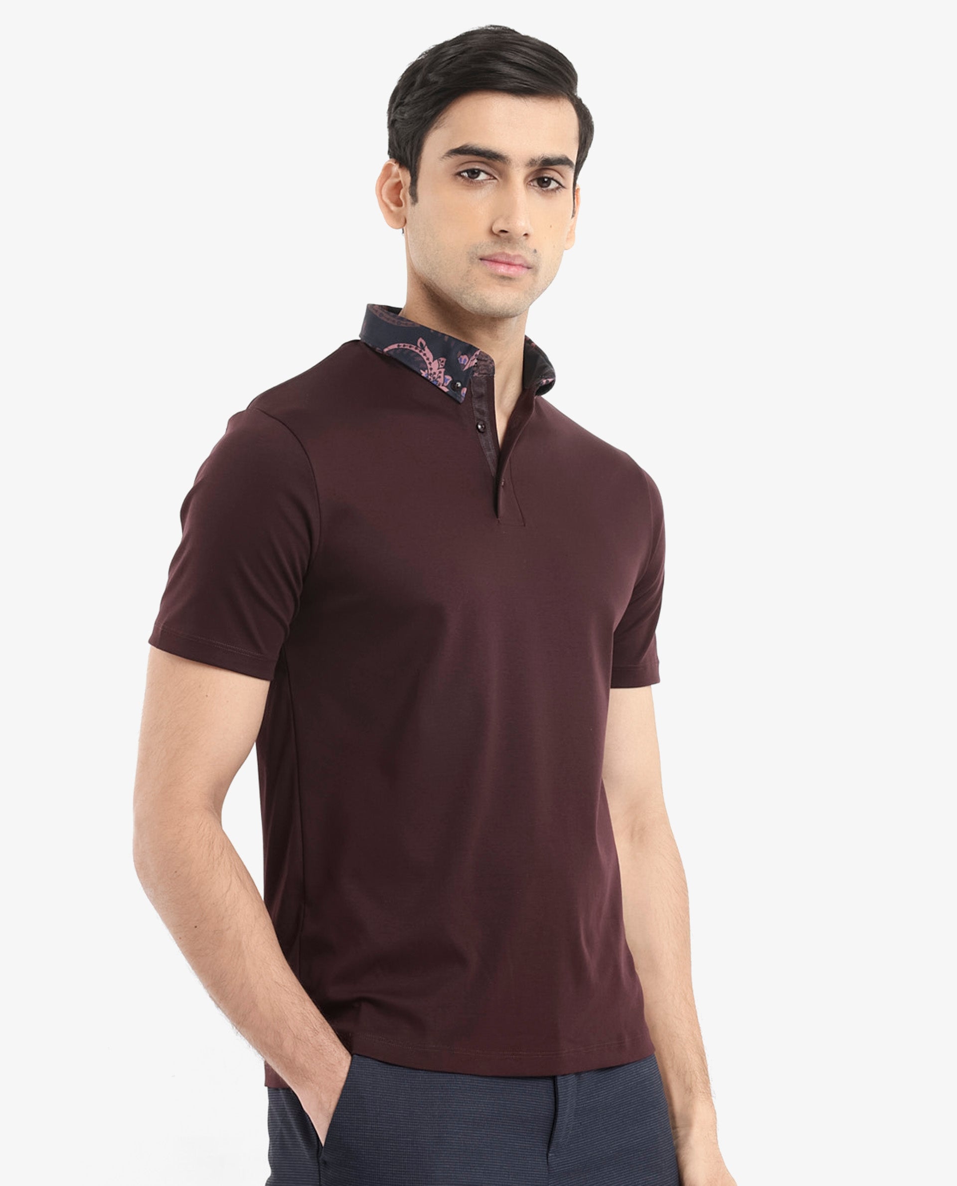 Rare Rabbit Men's Rings Maroon Cotton Fabric Short Sleeves Collared Neck Solid Polo T-shirt