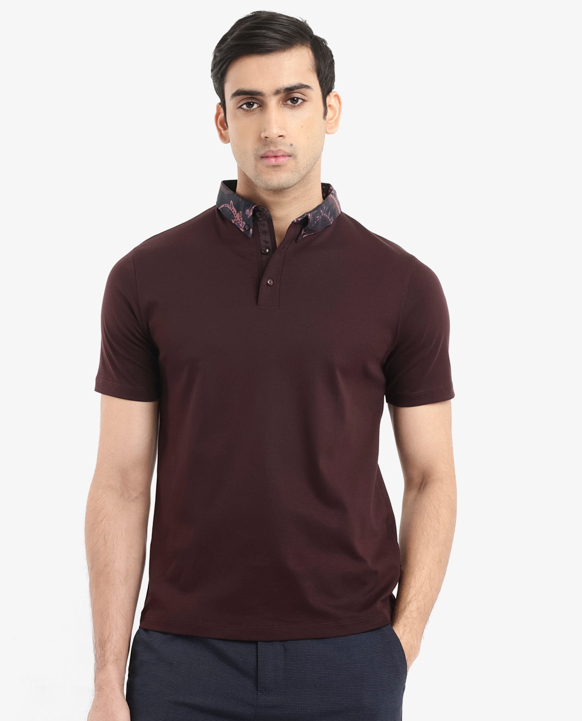 Rare Rabbit Men's Rings Maroon Cotton Fabric Short Sleeves Collared Neck Solid Polo T-shirt