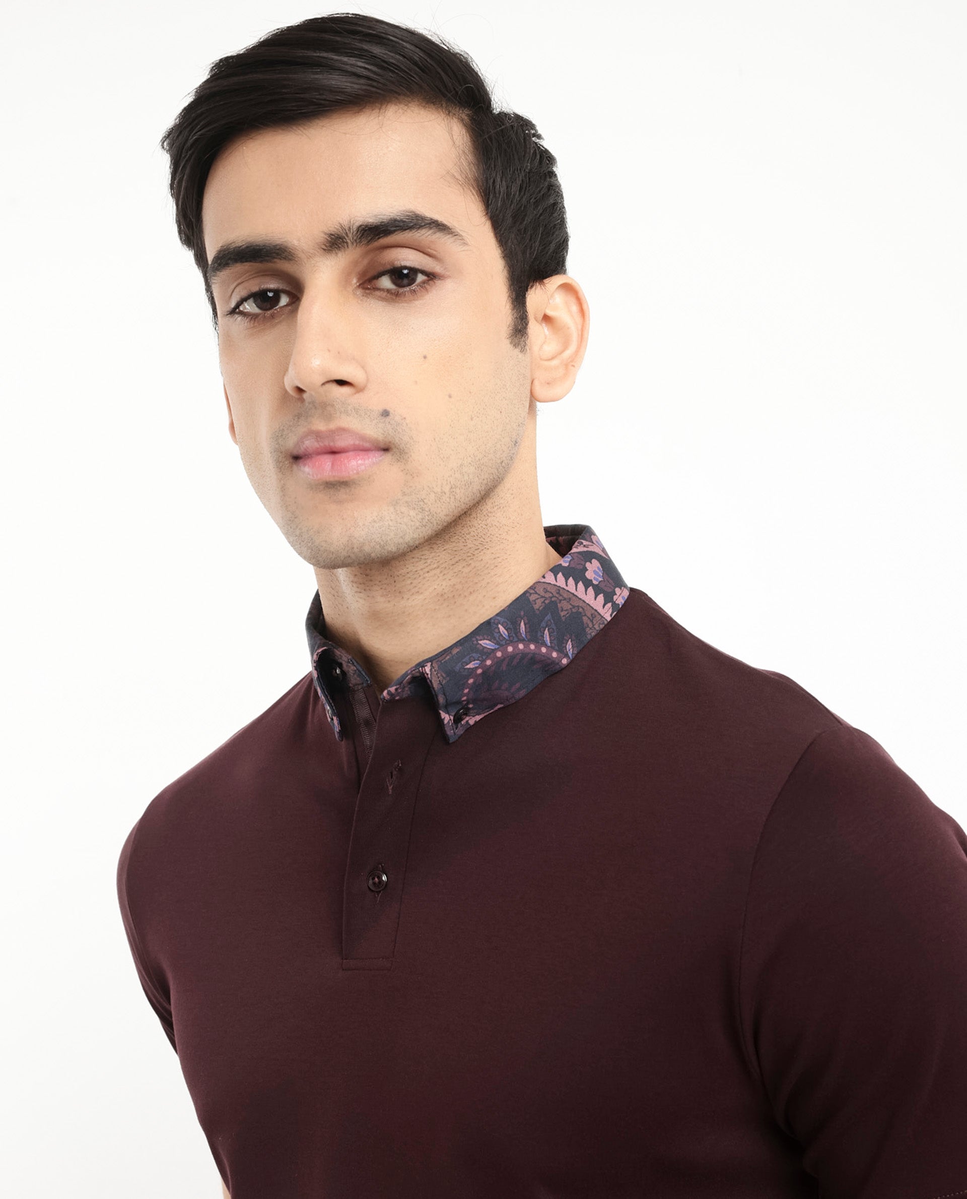 Rare Rabbit Men's Rings Maroon Cotton Fabric Short Sleeves Collared Neck Solid Polo T-shirt