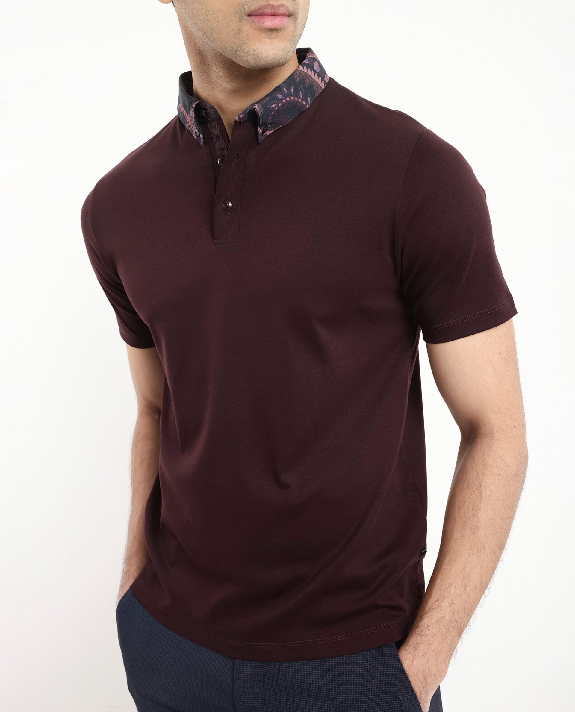 Rare Rabbit Men's Rings Maroon Cotton Fabric Short Sleeves Collared Neck Solid Polo T-shirt