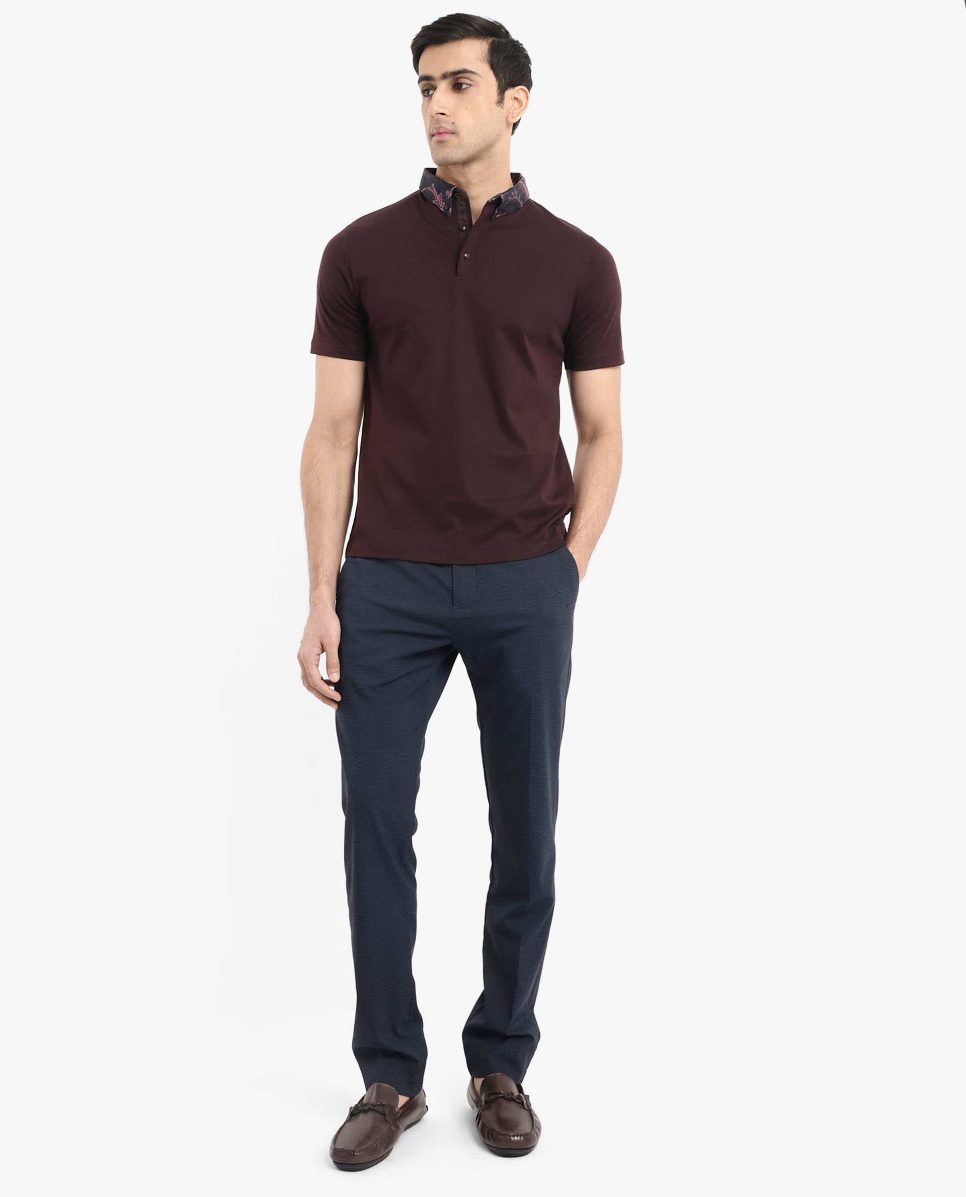 Rare Rabbit Men's Rings Maroon Cotton Fabric Short Sleeves Collared Neck Solid Polo T-shirt