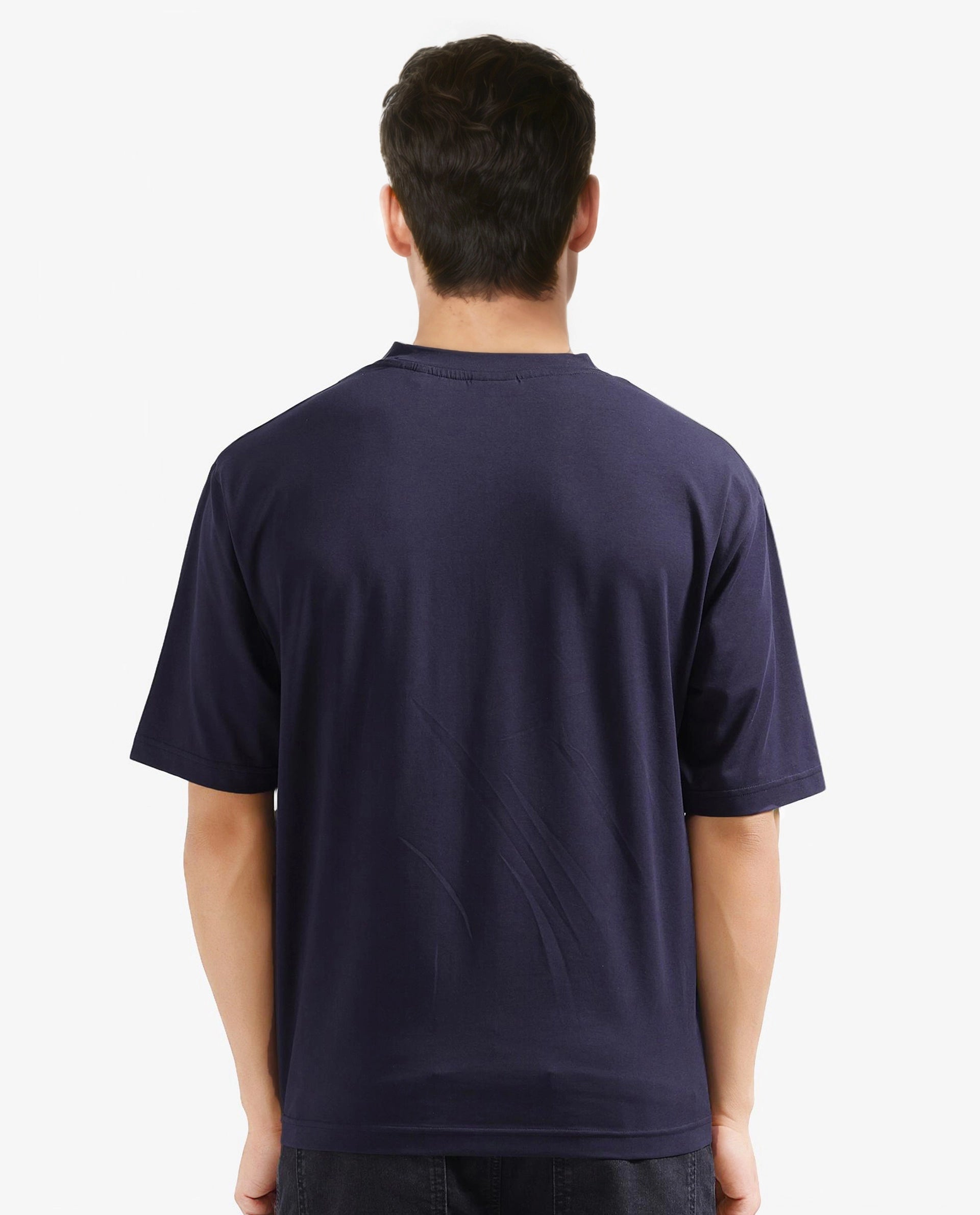 Rare Rabbit Men Rin Navy Short Sleeves Crew Neck Boxy Fit HD Print T-Shirt