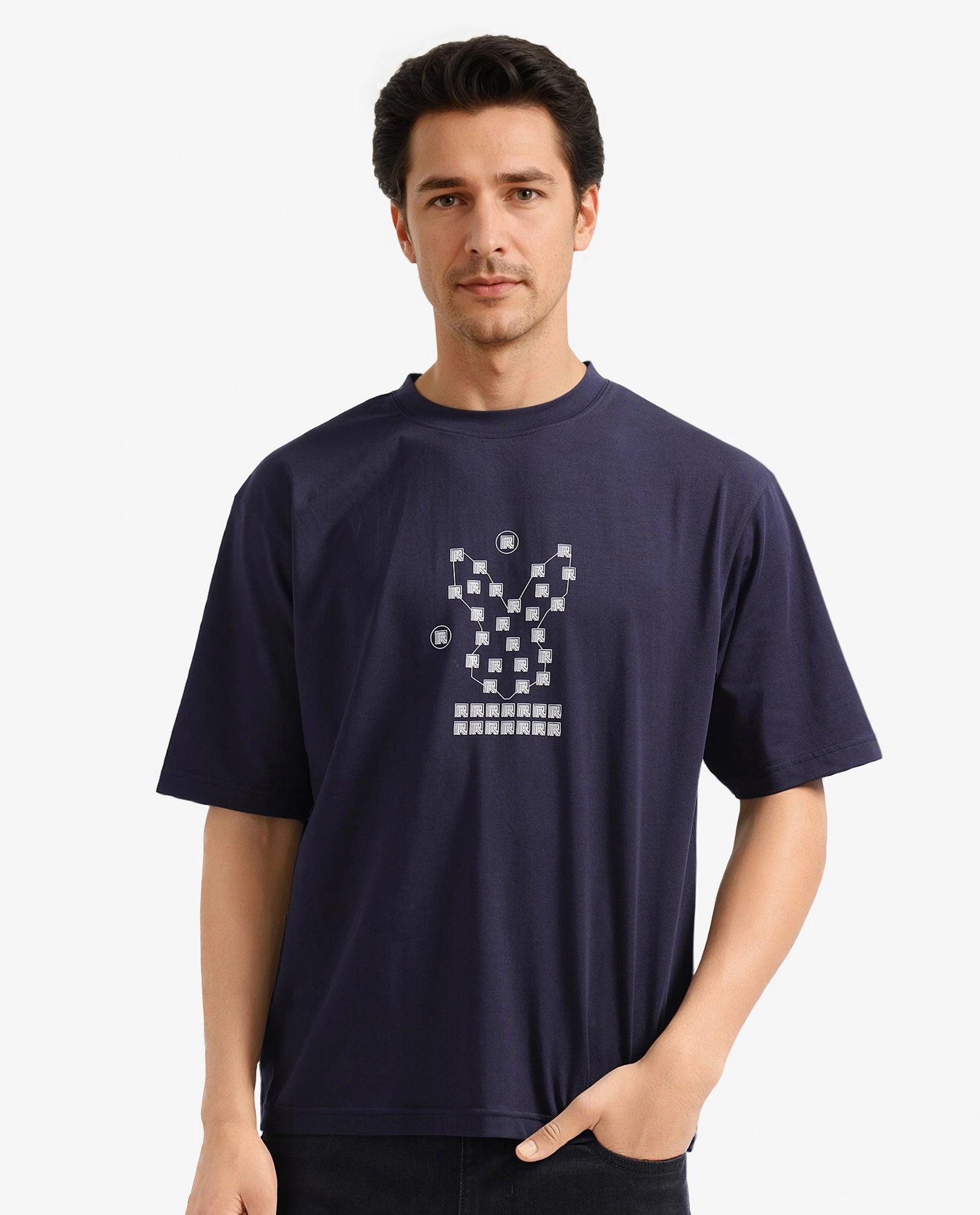 Rare Rabbit Men Rin Navy Short Sleeves Crew Neck Boxy Fit HD Print T-Shirt