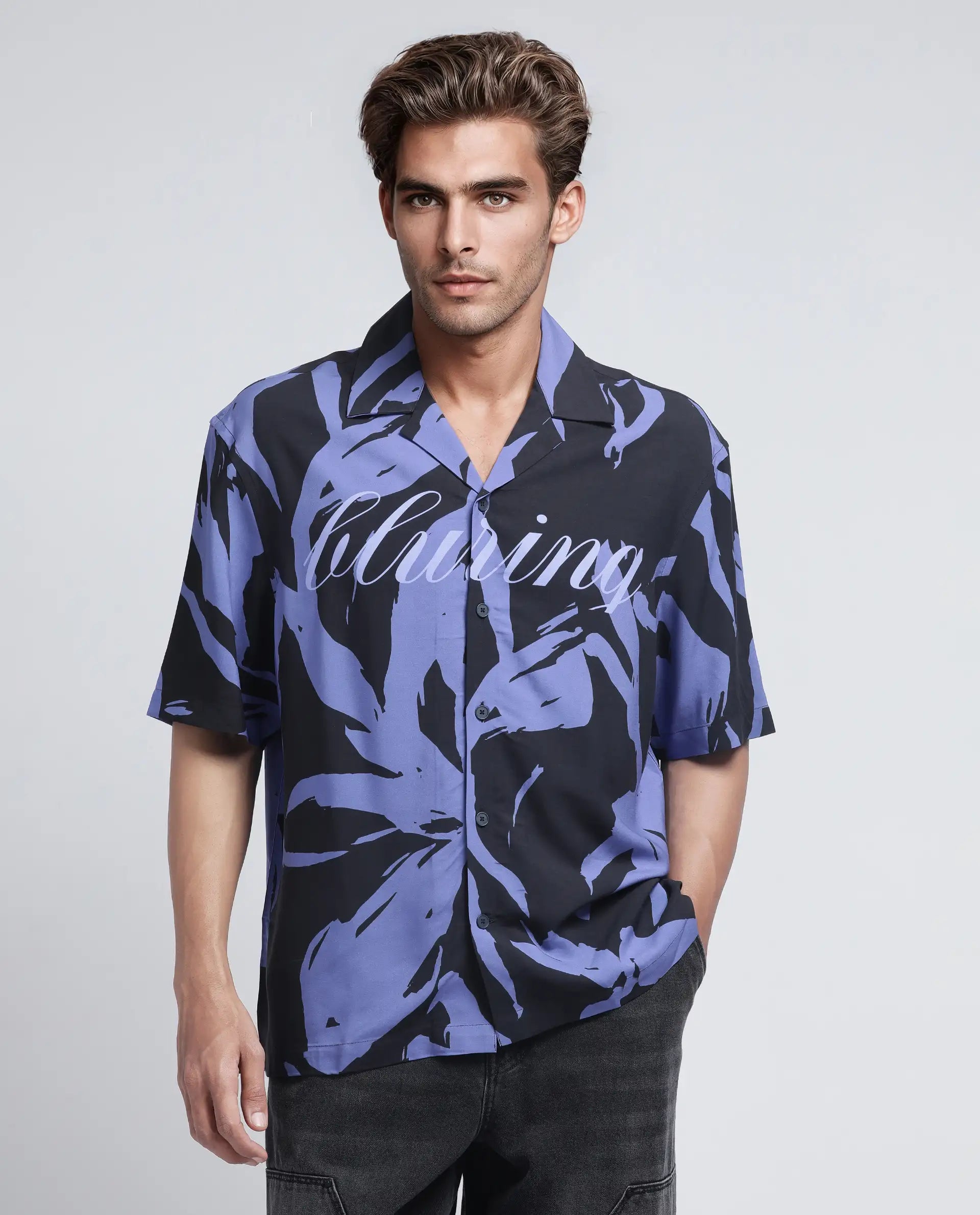 Rare Rabbit Men Rinz Black Viscose Fabric Half Sleeve Cuban Collar Button Closure Oversized Fit Placement Print Shirt