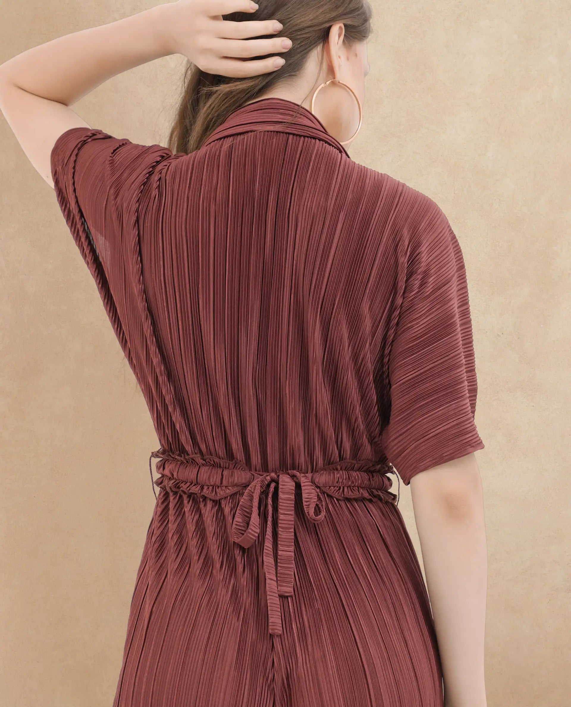 Rareism Women's Rio Brown Lapel Neck Plain Extended Sleeves Maxi Fit And Flare Jumpsuit