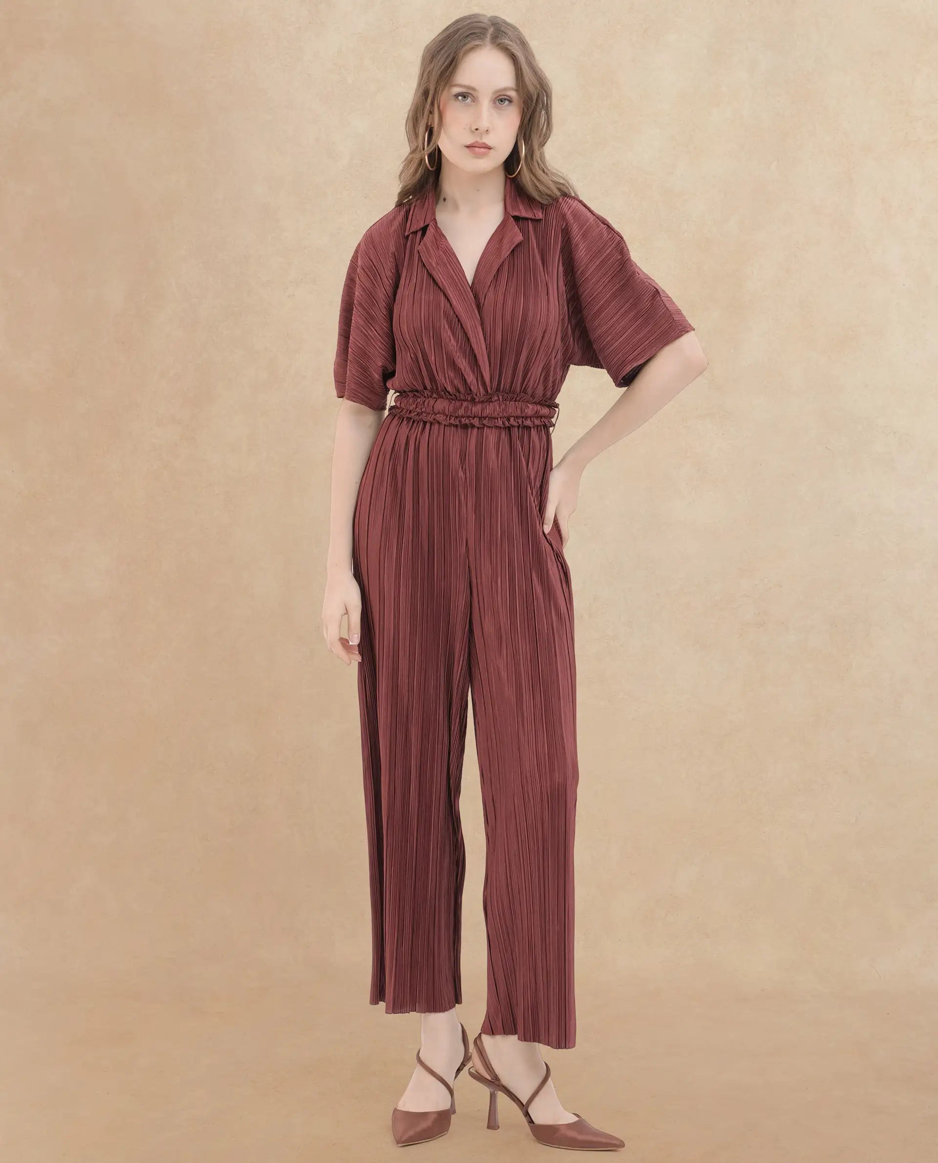 Rareism Women's Rio Brown Lapel Neck Plain Extended Sleeves Maxi Fit And Flare Jumpsuit