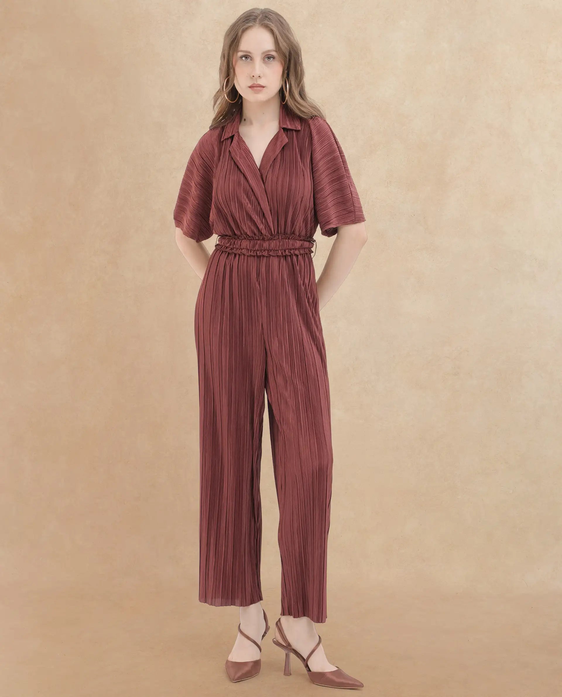 Rareism Women's Rio Brown Lapel Neck Plain Extended Sleeves Maxi Fit And Flare Jumpsuit