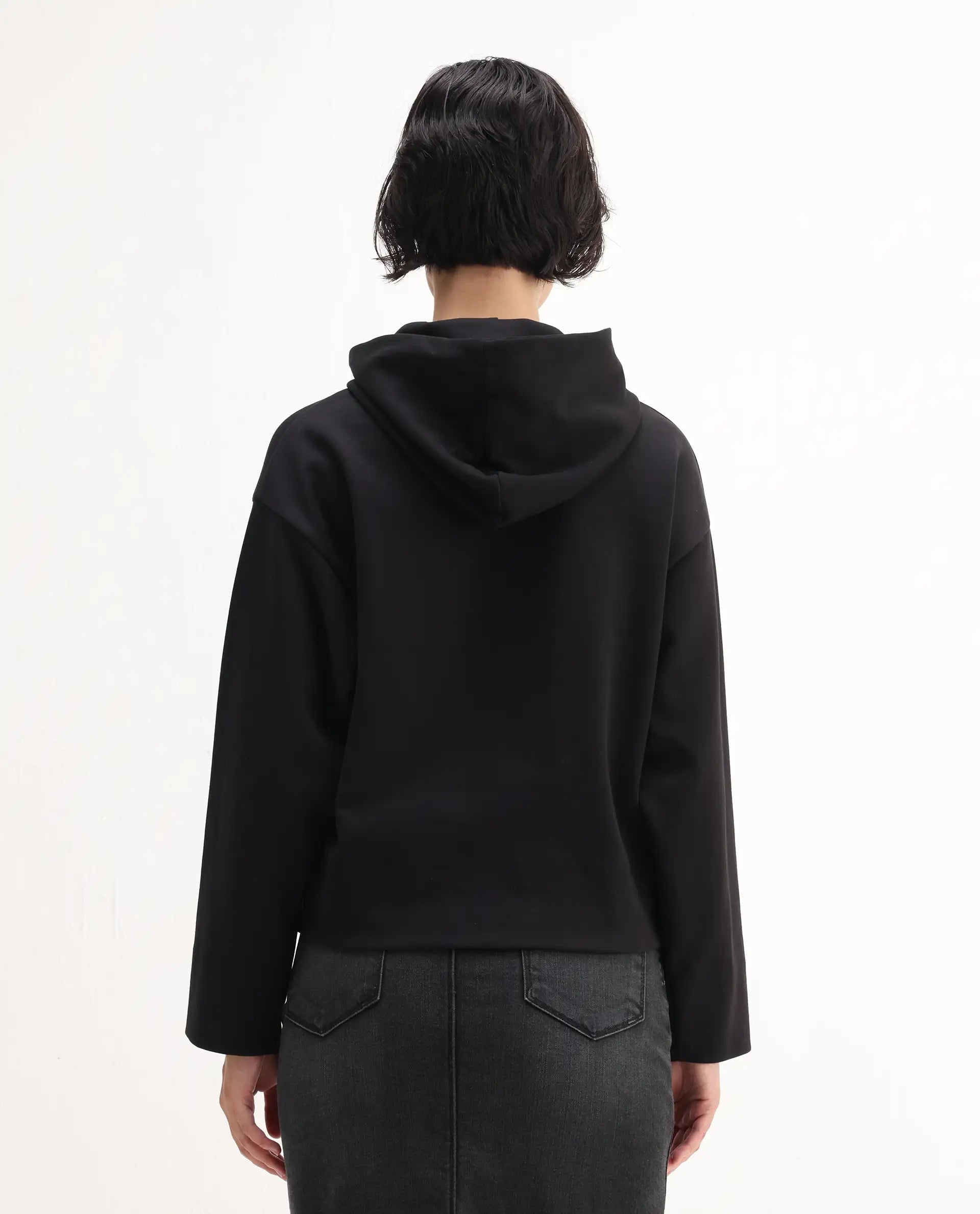 Rareism Women's Rio Black Cotton Blend Hooded Regular Fit Printed Sweatshirt