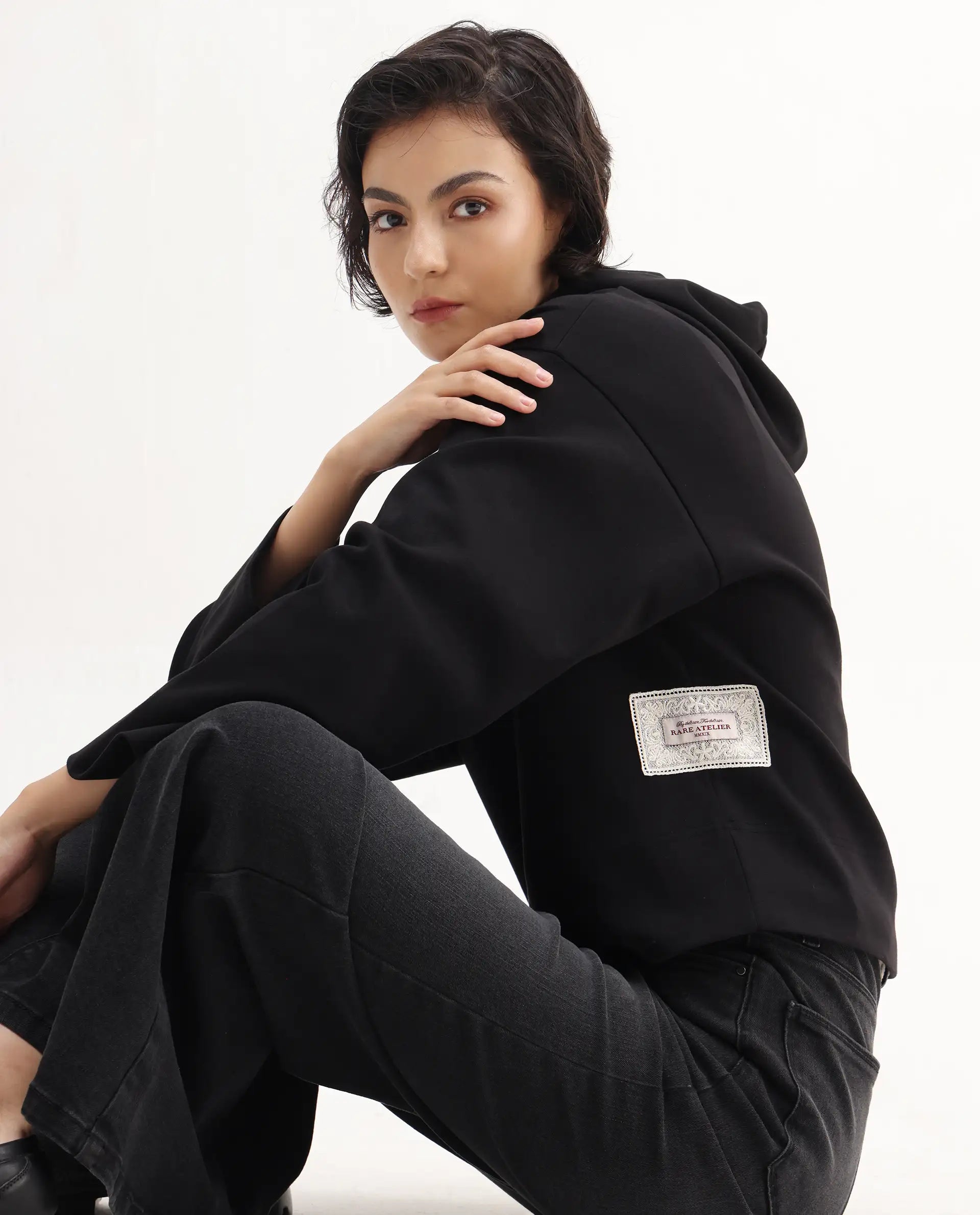 Rareism Women's Rio Black Cotton Blend Hooded Regular Fit Printed Sweatshirt