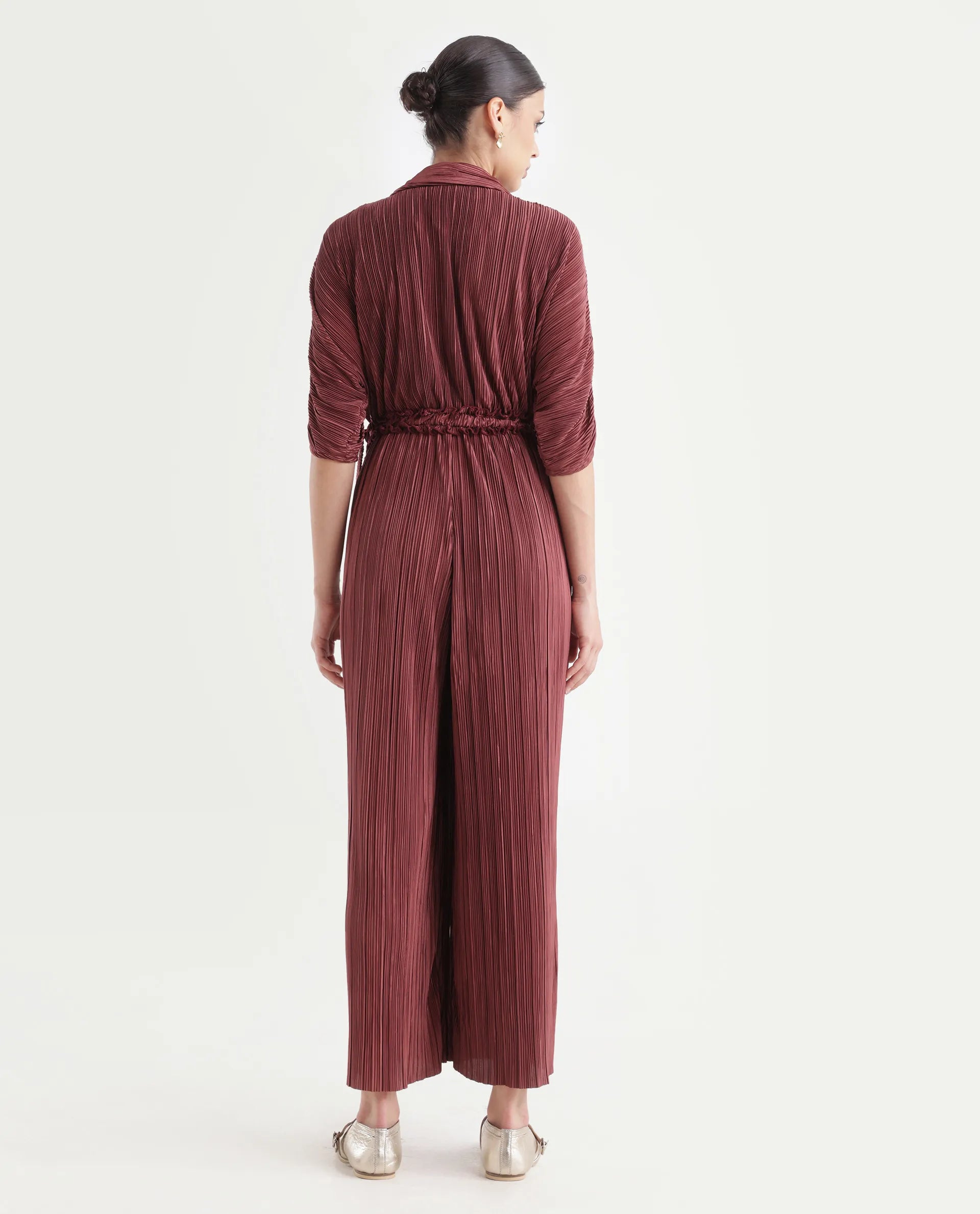 Rareism Women's Rio Brown Lapel Neck Plain Extended Sleeves Maxi Fit And Flare Jumpsuit