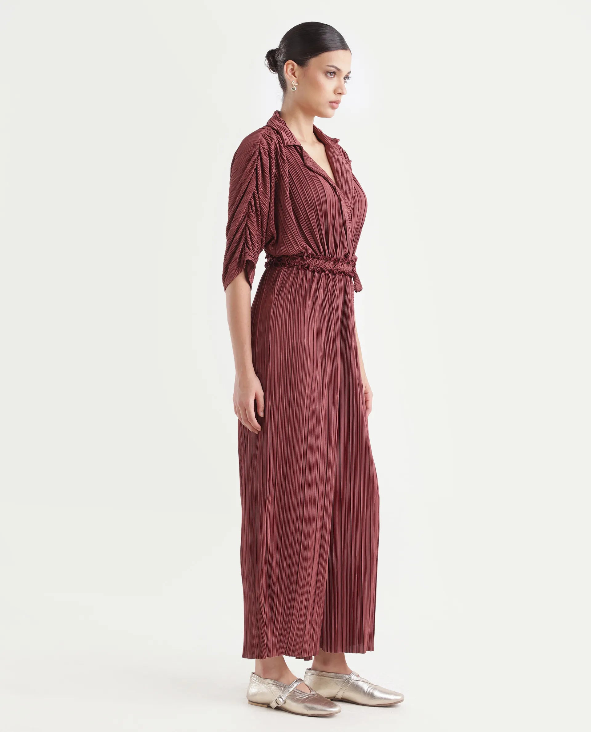 Rareism Women's Rio Brown Lapel Neck Plain Extended Sleeves Maxi Fit And Flare Jumpsuit