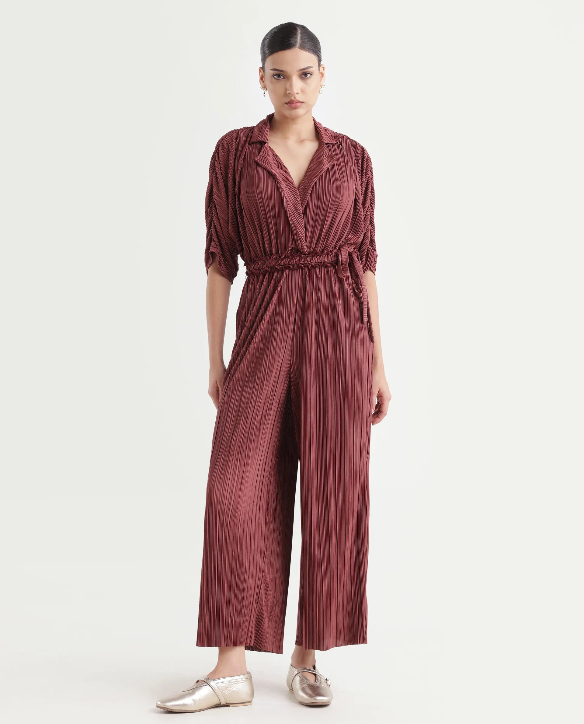 Rareism Women's Rio Brown Lapel Neck Plain Extended Sleeves Maxi Fit And Flare Jumpsuit